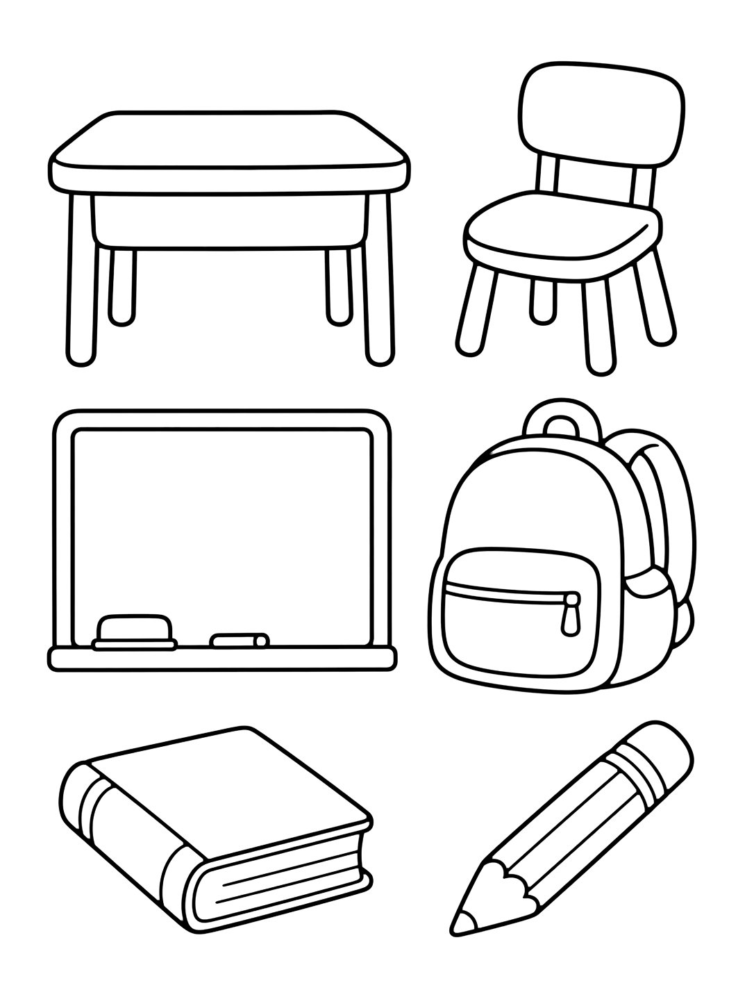 classroom doodle icons coloring page with a loose doodle set of six large classroom icons: desk, chair, blank board, backpack, book, and pencil for kids