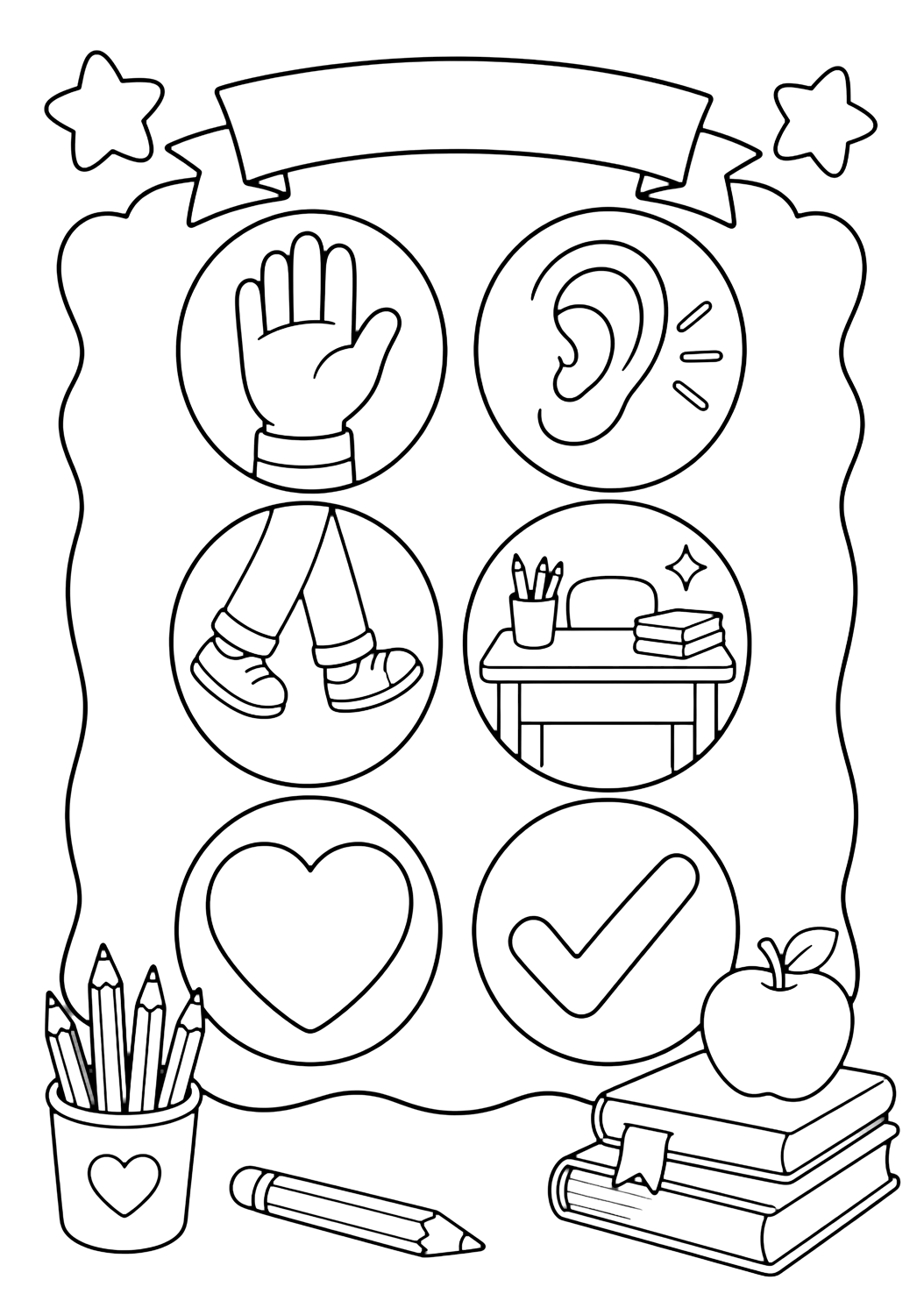 classroom rules coloring page with a classroom rules poster made of simple icons: a raised hand, listening ears, walking feet, a tidy desk, a heart, and a check mark, with pencils and books around it for kids