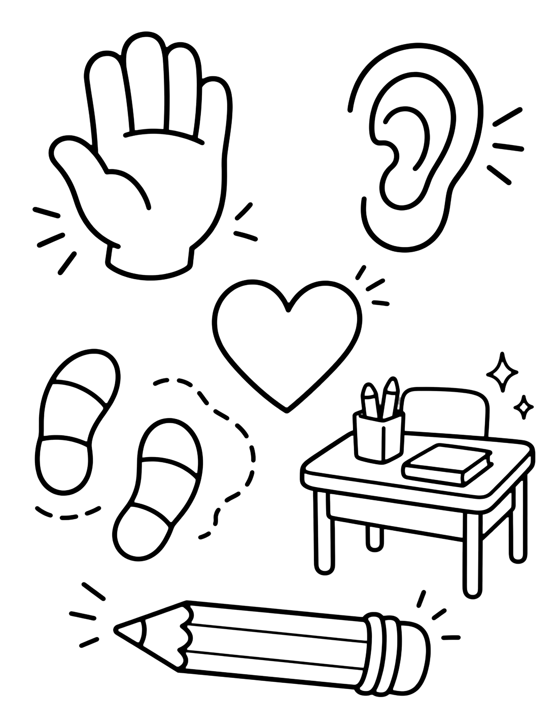 classroom rules doodle icons coloring page with large doodle icons for a raised hand, listening ear, heart, walking feet, tidy desk, and pencil for kids