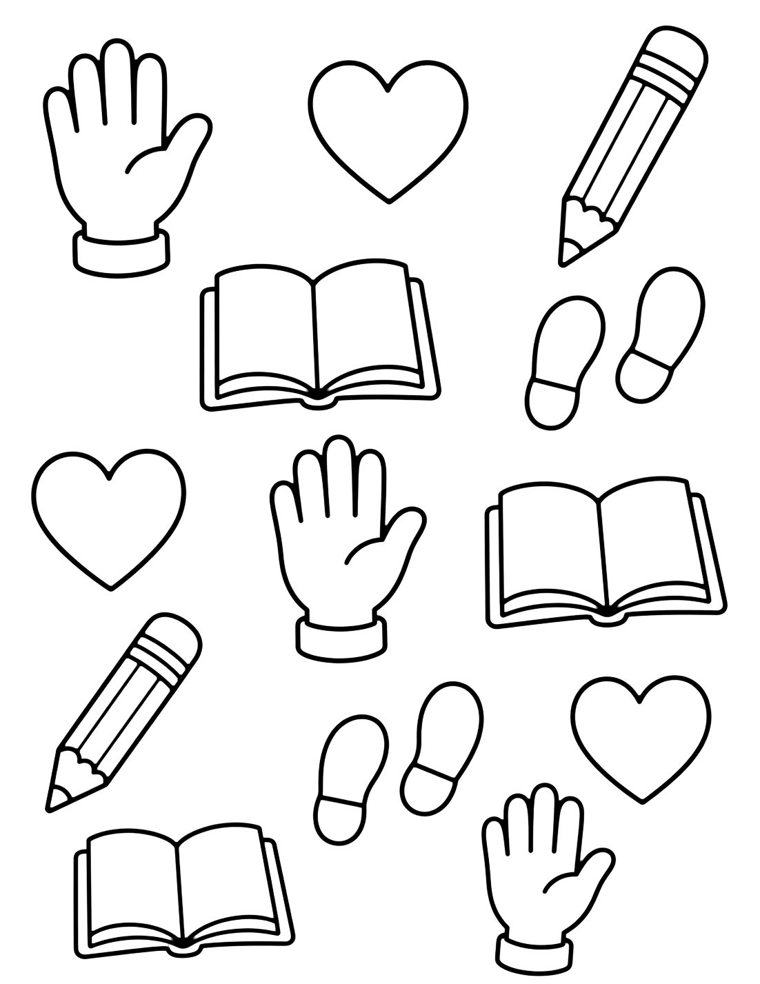 classroom rules pattern coloring page with a sparse pattern of raised hands, hearts, pencils, blank books, and walking footprints for kids