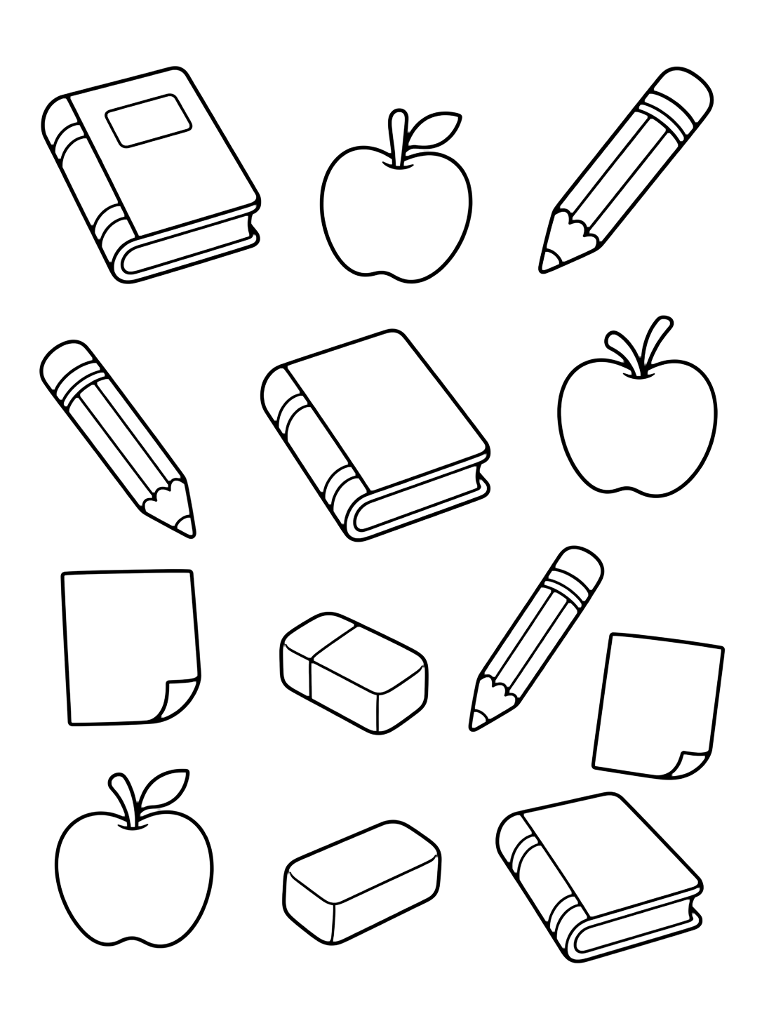Coloriage avec un motif aéré avec grandes icônes de classe: livres, crayons, pommes, gommes et feuilles vides. Idéal pour enfants, rentrée scolaire, impression et coloriage en ligne.