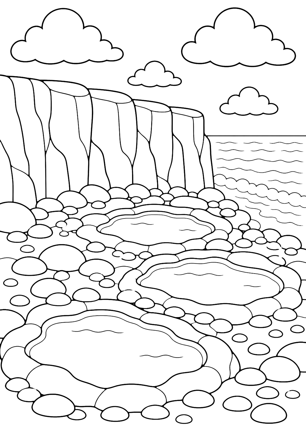 tide pools at the base of cliffs coloring page with three large empty rock pools at the base of high ocean cliffs, with broad cliff walls, rounded stones, simple water outlines inside the pools, gentle ocean wave curves nearby, broad clouds, and open sky for kids