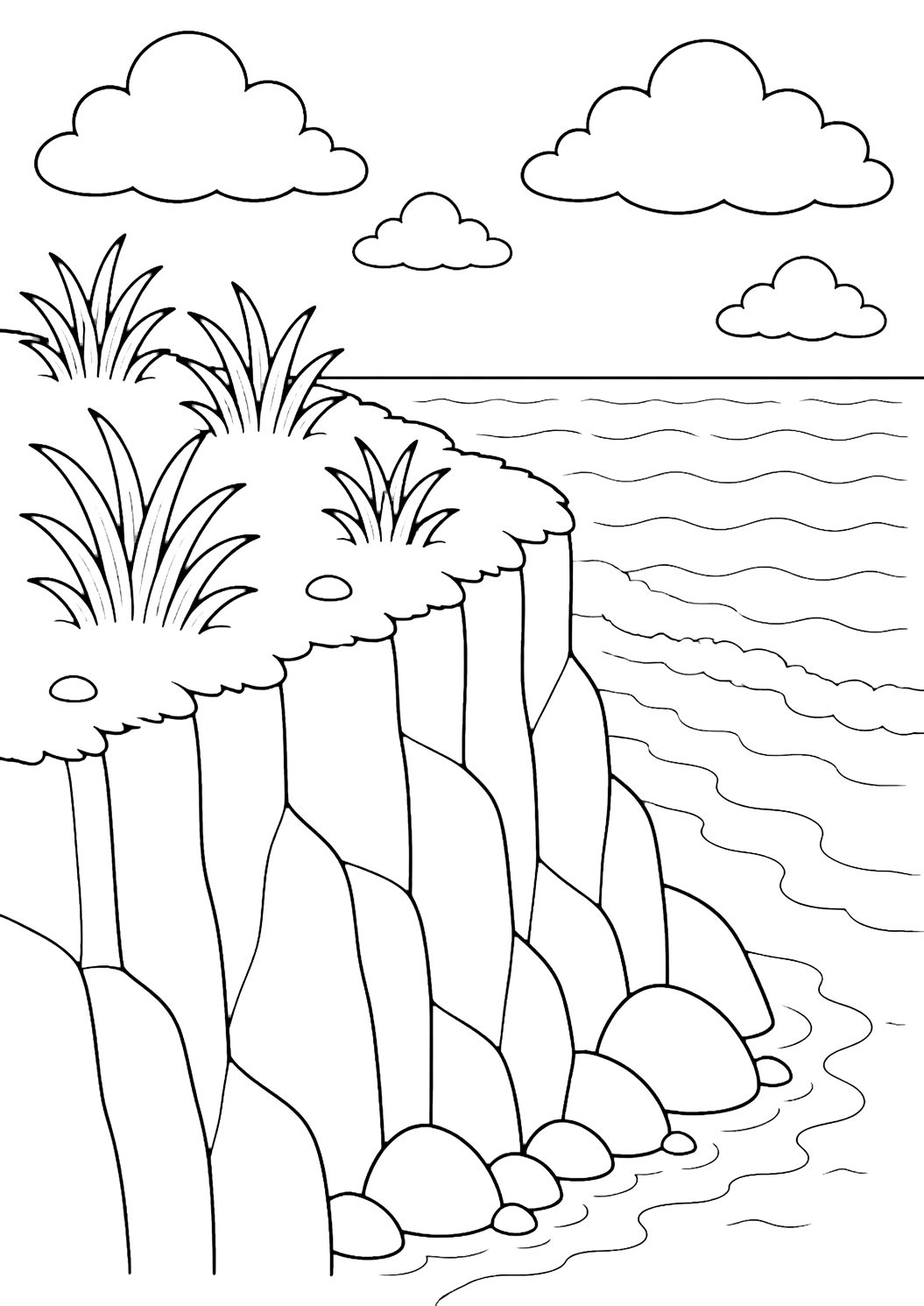 grass tufts on a cliff edge coloring page with tufts of tall grass growing along the edge of a high ocean cliff, with broad cliff rocks below, a simple ocean horizon, gentle wave curves, broad clouds, and open sky for kids