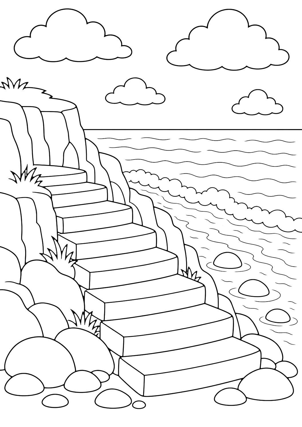 cliff steps to the shore coloring page with wide stone steps descending along the side of an ocean cliff toward the sea, with broad cliff faces, simple wave curves below, a few large rocks, broad clouds, and open sky for kids