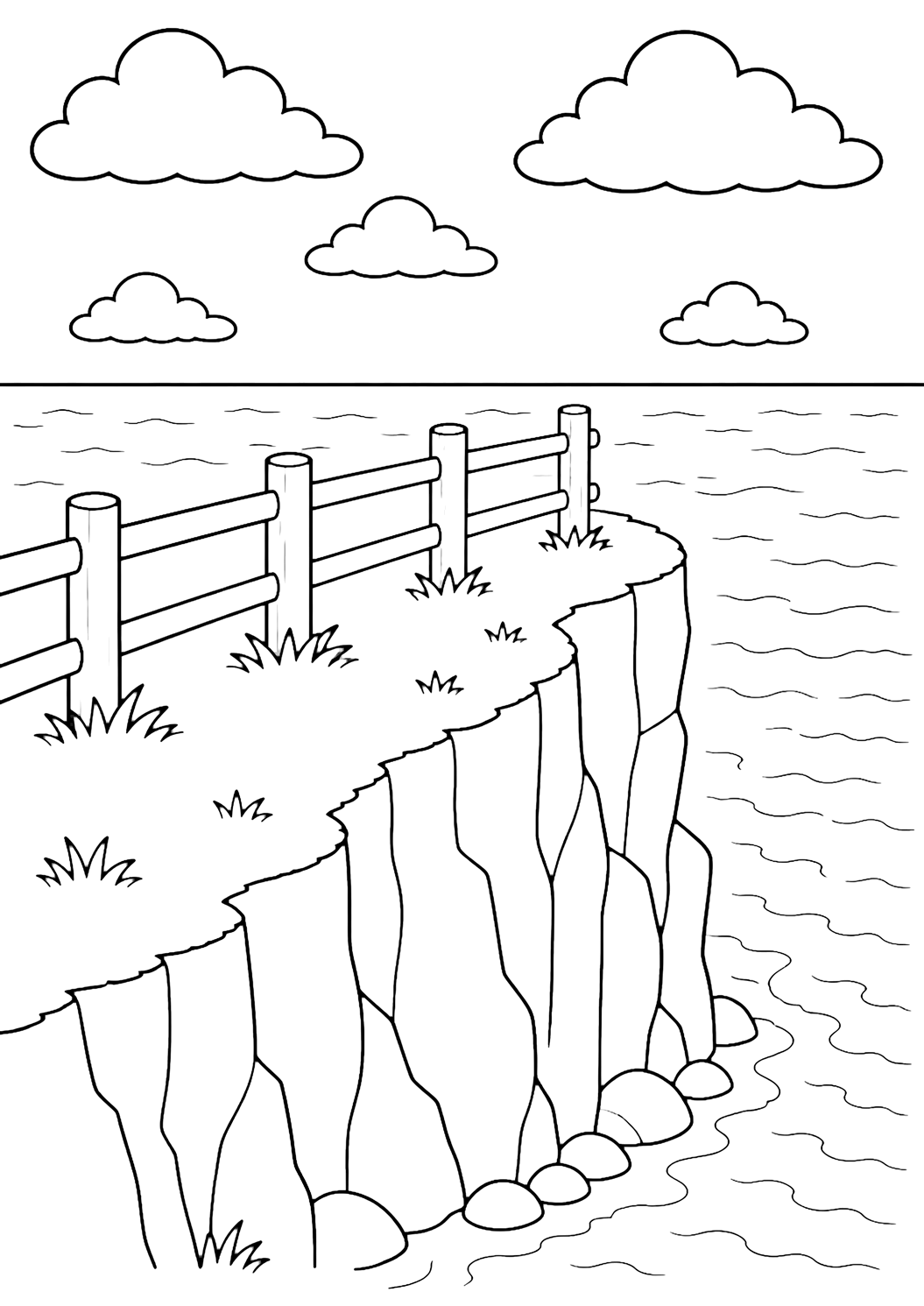 a cliff top fence with an ocean view coloring page with a low wooden safety fence along the top of a high ocean cliff, with a wide cliff drop, a simple ocean horizon, gentle wave curves below, a few tufts of cliff grass, broad clouds, and open sky for kids