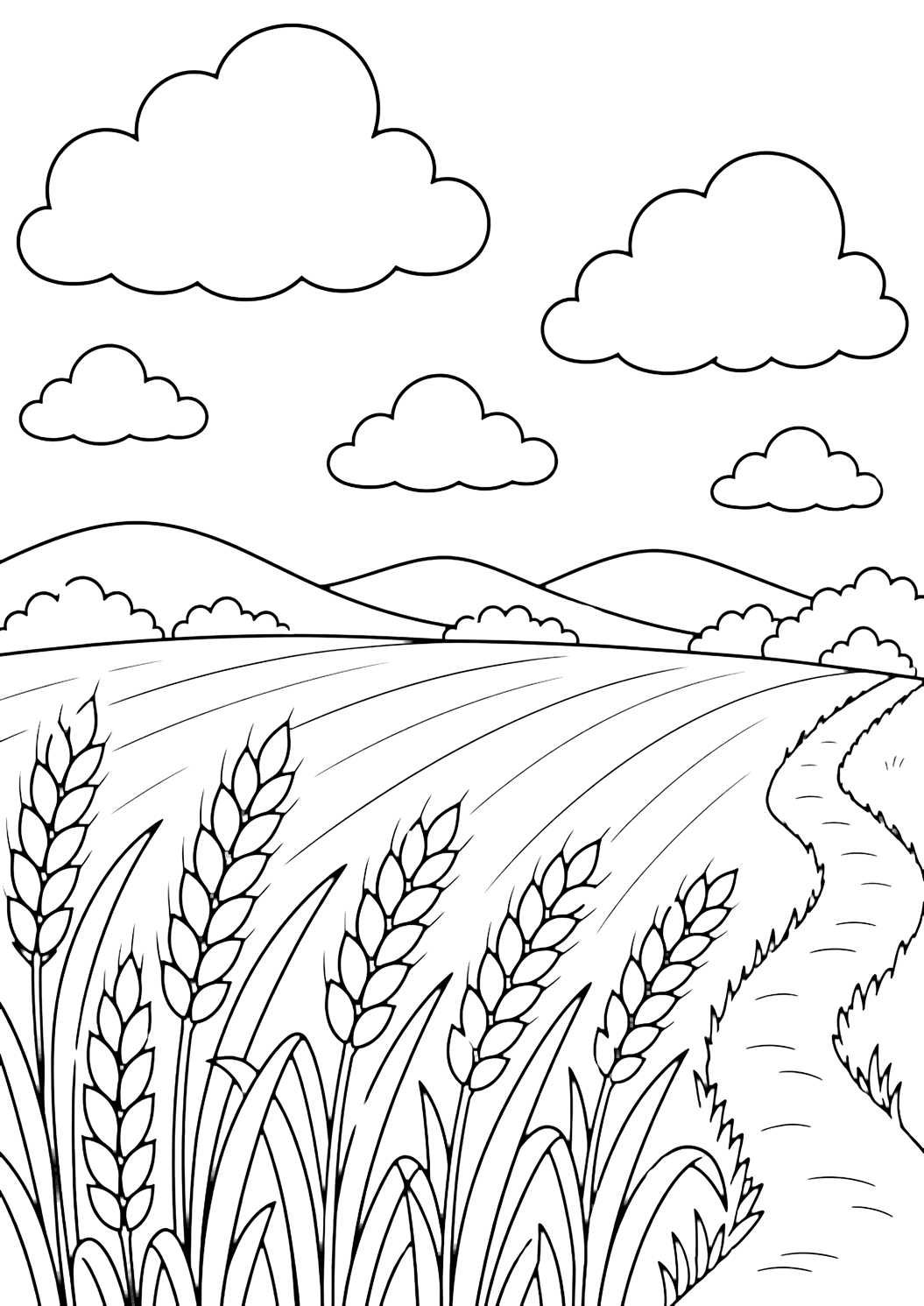 Coloriage de champ de blé avec un champ de blé sous plusieurs grands nuages simples, de hautes tiges de blé au premier plan, de larges rangées de champ, un chemin sur le côté, de basses collines et un ciel ouvert. Idéal pour enfants, nature, impression et coloriage en ligne.