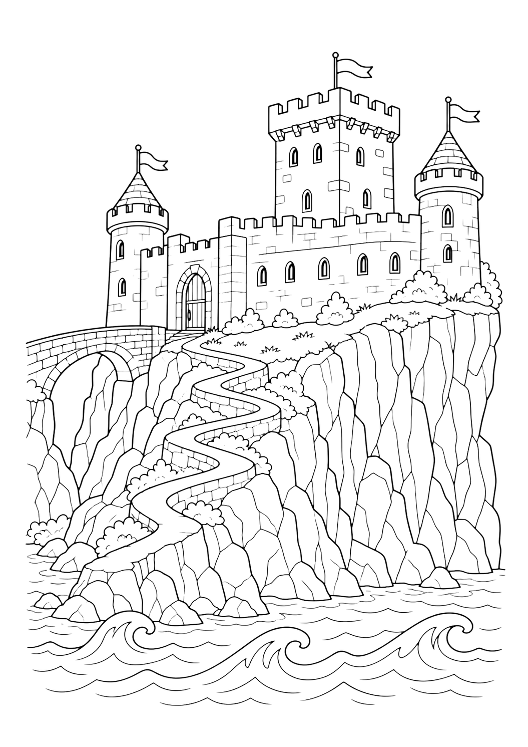 coastal cliff medieval castle coloring page with clean medieval castle line art for kids
