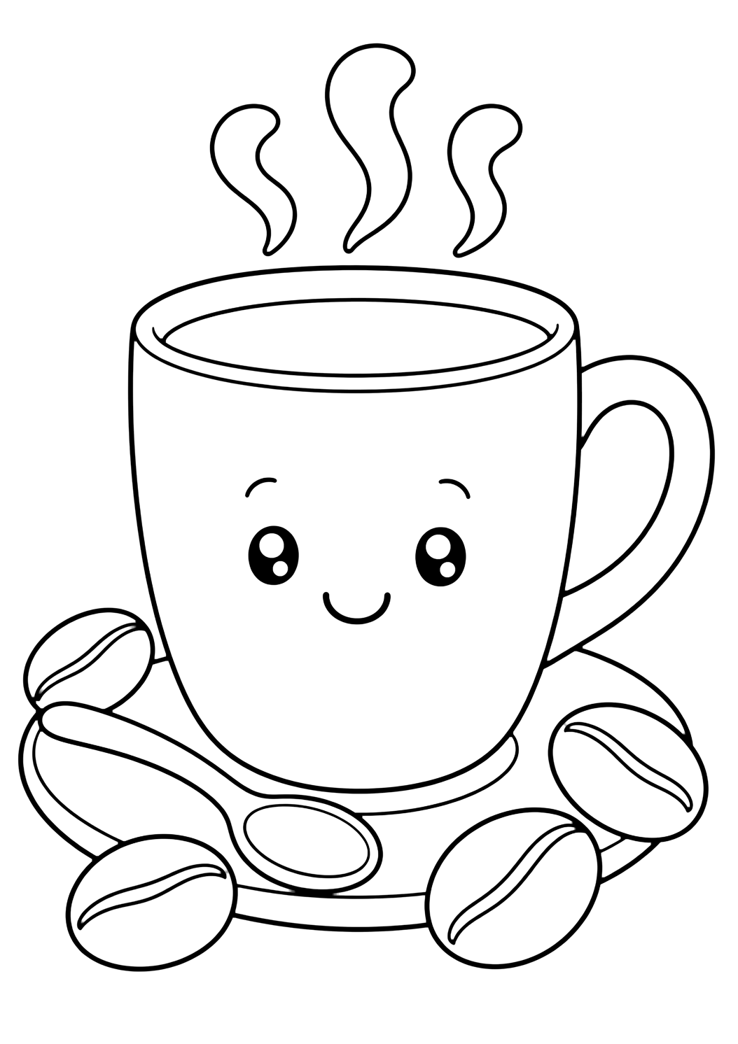 Getränke-Ausmalbild mit eine große blanke Kaffeetasse auf einer Untertasse, ein lächelndes Gesicht, drei Dampfkringel, einen Löffel und große Kaffeebohnen. Geeignet für Kinder, Ausdrucke und Online-Ausmalen.