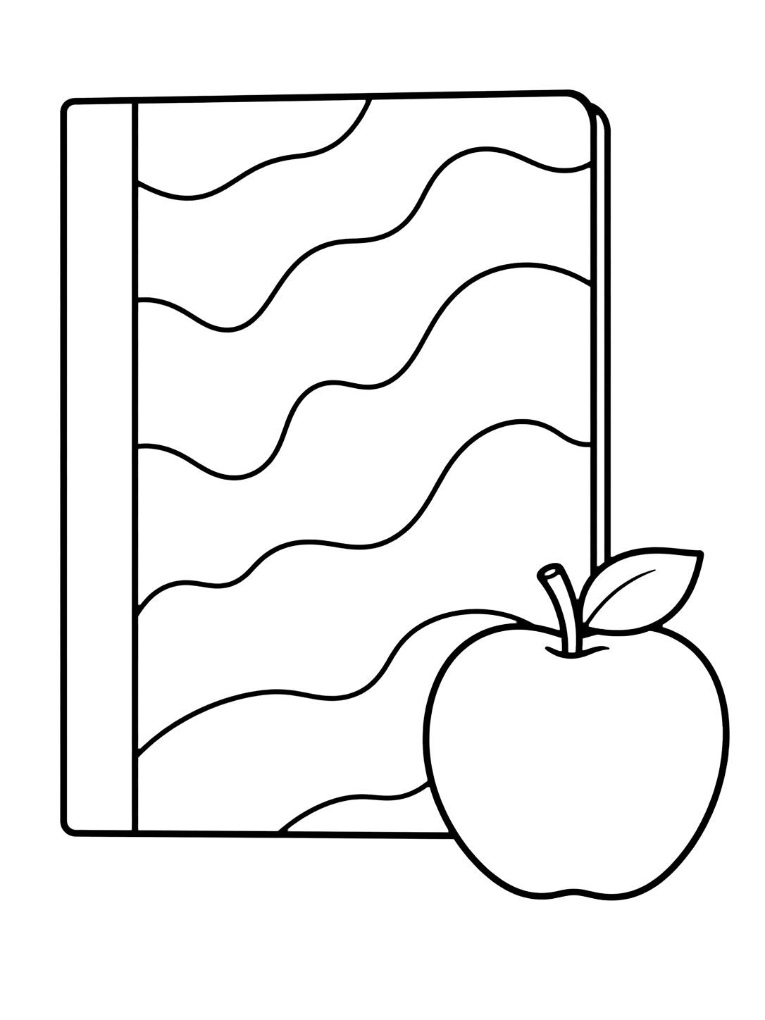 Dibujo para colorear con el motivo «cuaderno y manzana» con un cuaderno claro, formas escolares grandes y mucho espacio libre. Ideal para niños, actividades escolares, impresión y coloreado online.