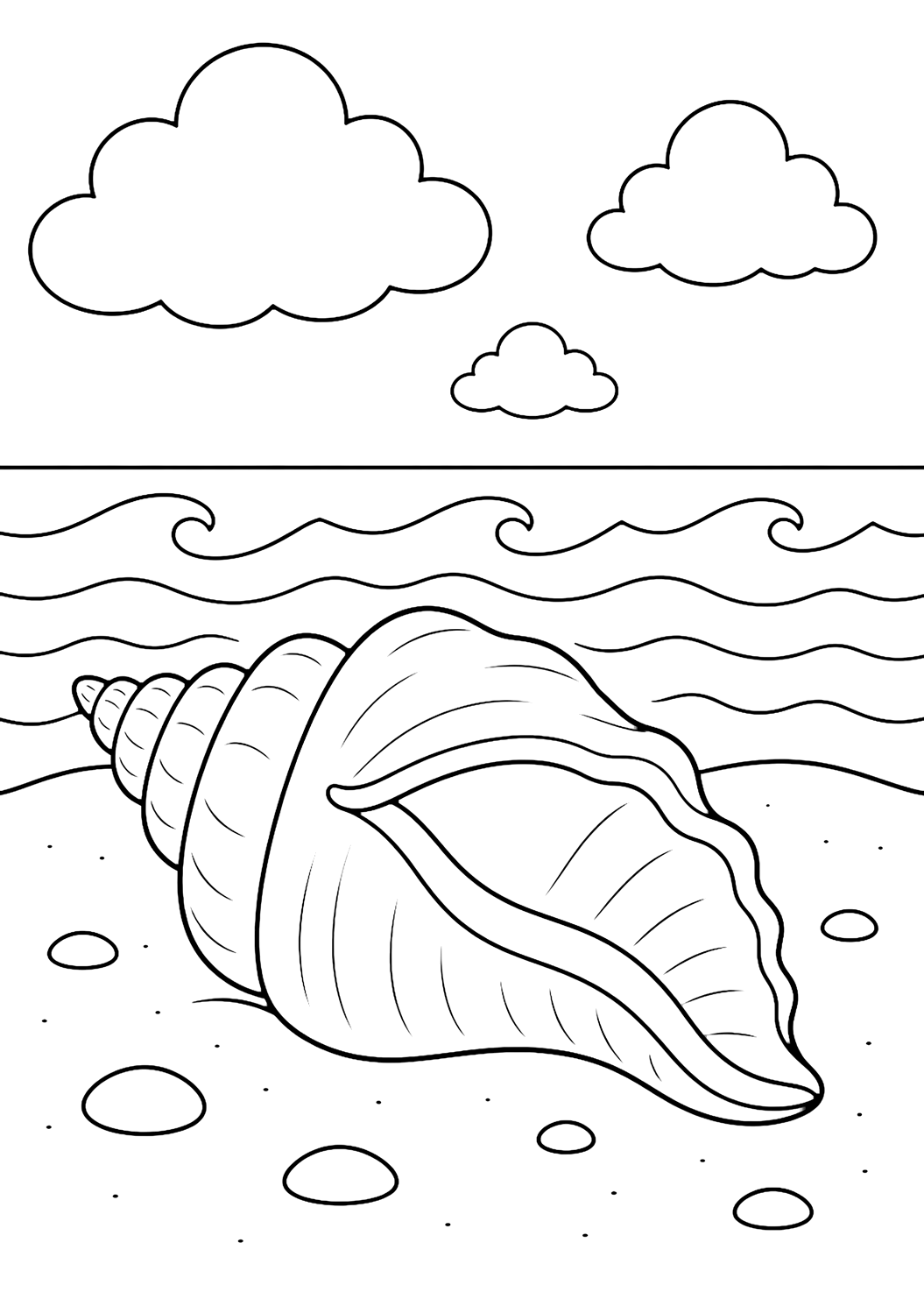 Muschelstrand-Ausmalbild mit ein großes Schneckenhaus auf glattem Strandsand, mit einigen kleinen runden Kieseln, sanften Meereswellen, breiten Wolken und offenem Himmel. Geeignet für Kinder, Meeresthemen, Ausdrucke und Online-Ausmalen.