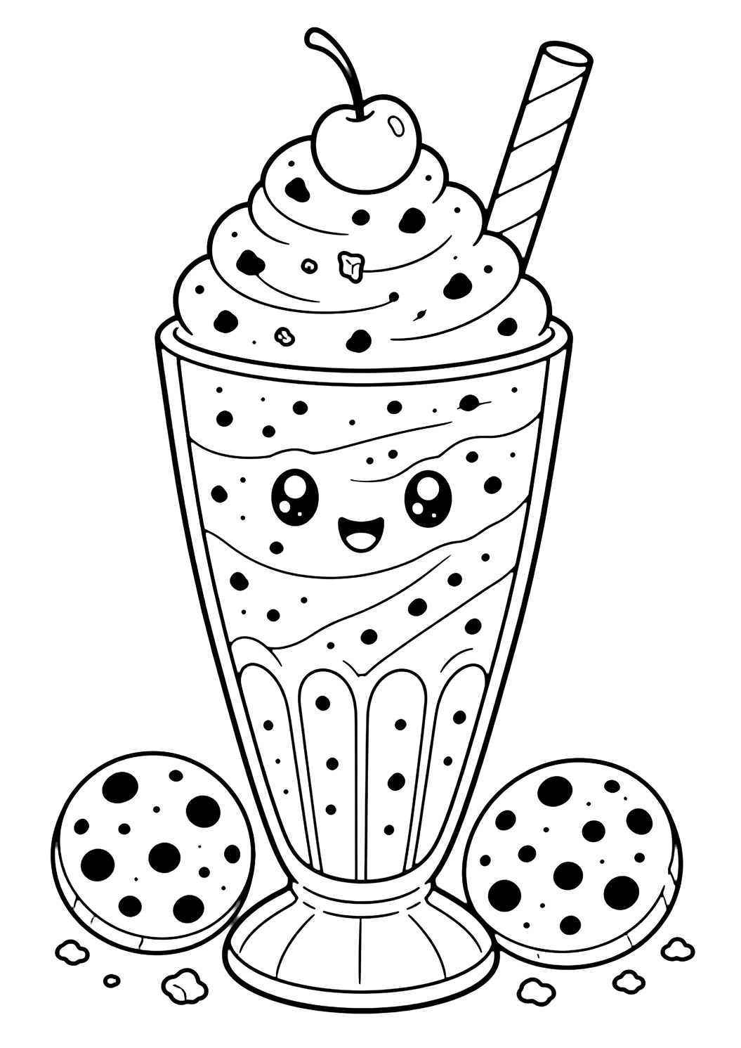 Milchshake-Ausmalbild mit ein Keks-Sahne-Milchshake im hohen Glas mit Sahne, Kirsche oben, breitem Strohhalm, großen runden Keksen, Keksstückchen, Shake-Wellen und lächelndem Gesicht. Geeignet für Kinder, Ausdrucke und Online-Ausmalen.