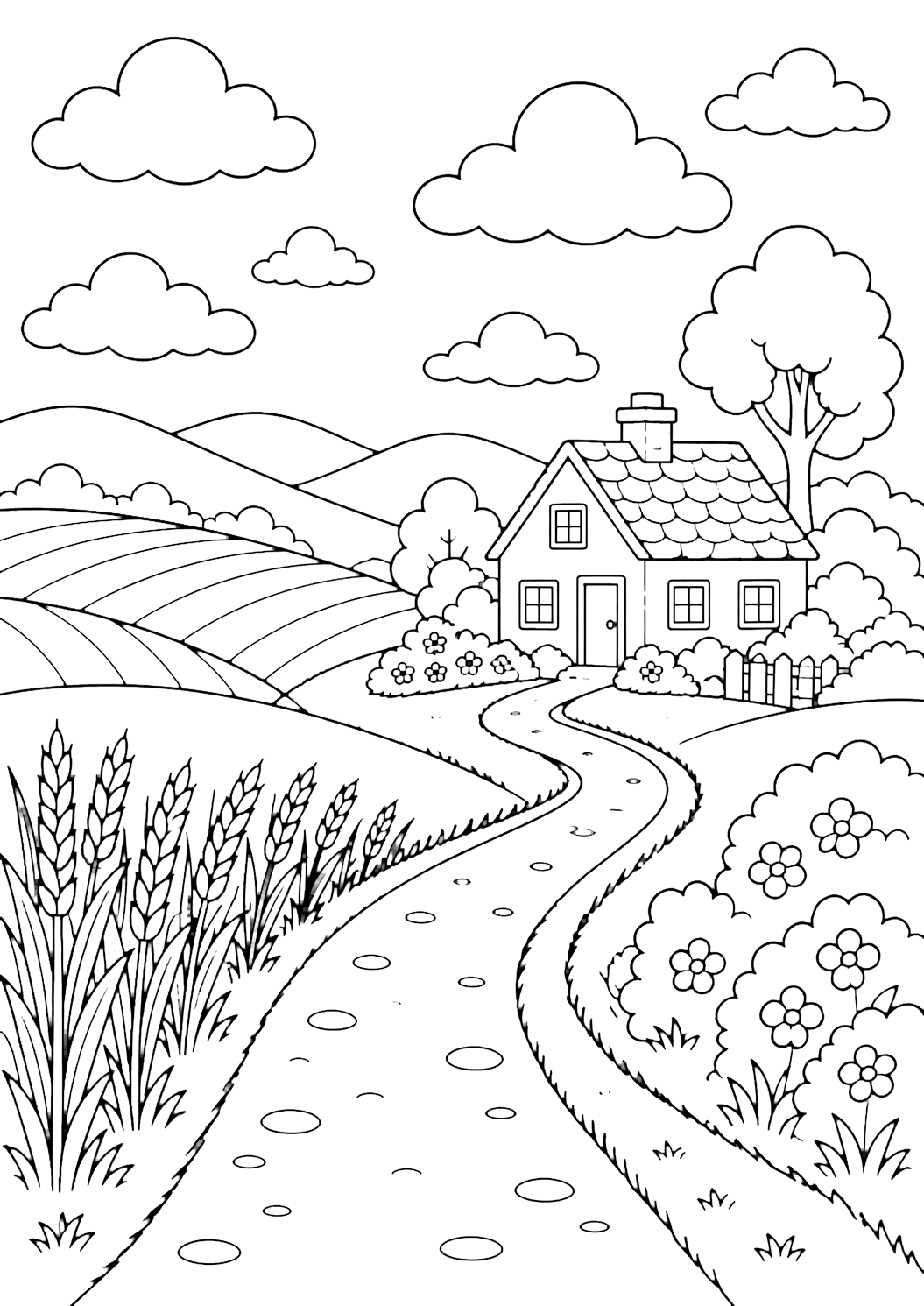 Dibujo para colorear de camino rural con un camino rural que pasa junto a una casa de campo acogedora apartada del camino, arbustos sencillos de jardín, campos ondulados, colinas bajas, nubes amplias y cielo abierto. Ideal para niños, paisajes, impresión y coloreado online.