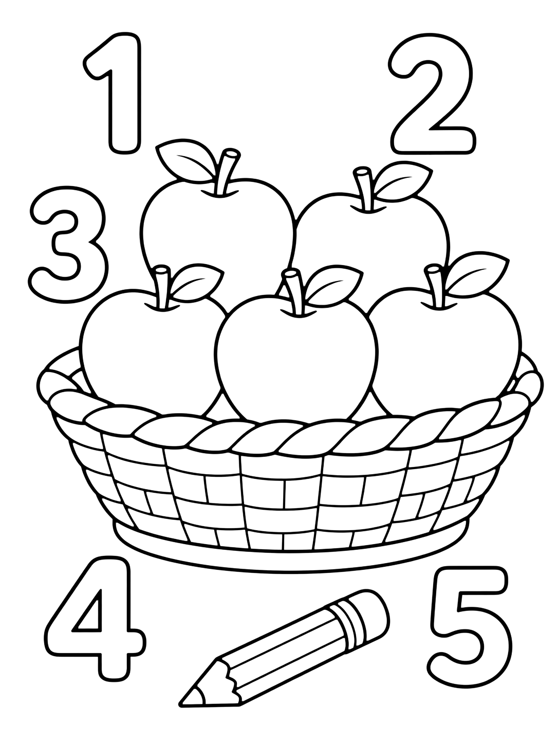 Dibujo para colorear con una canasta sencilla con cinco manzanas grandes, los números del 1 al 5 y un lápiz pequeño. Ideal para niños, actividades escolares, impresión y coloreado online.