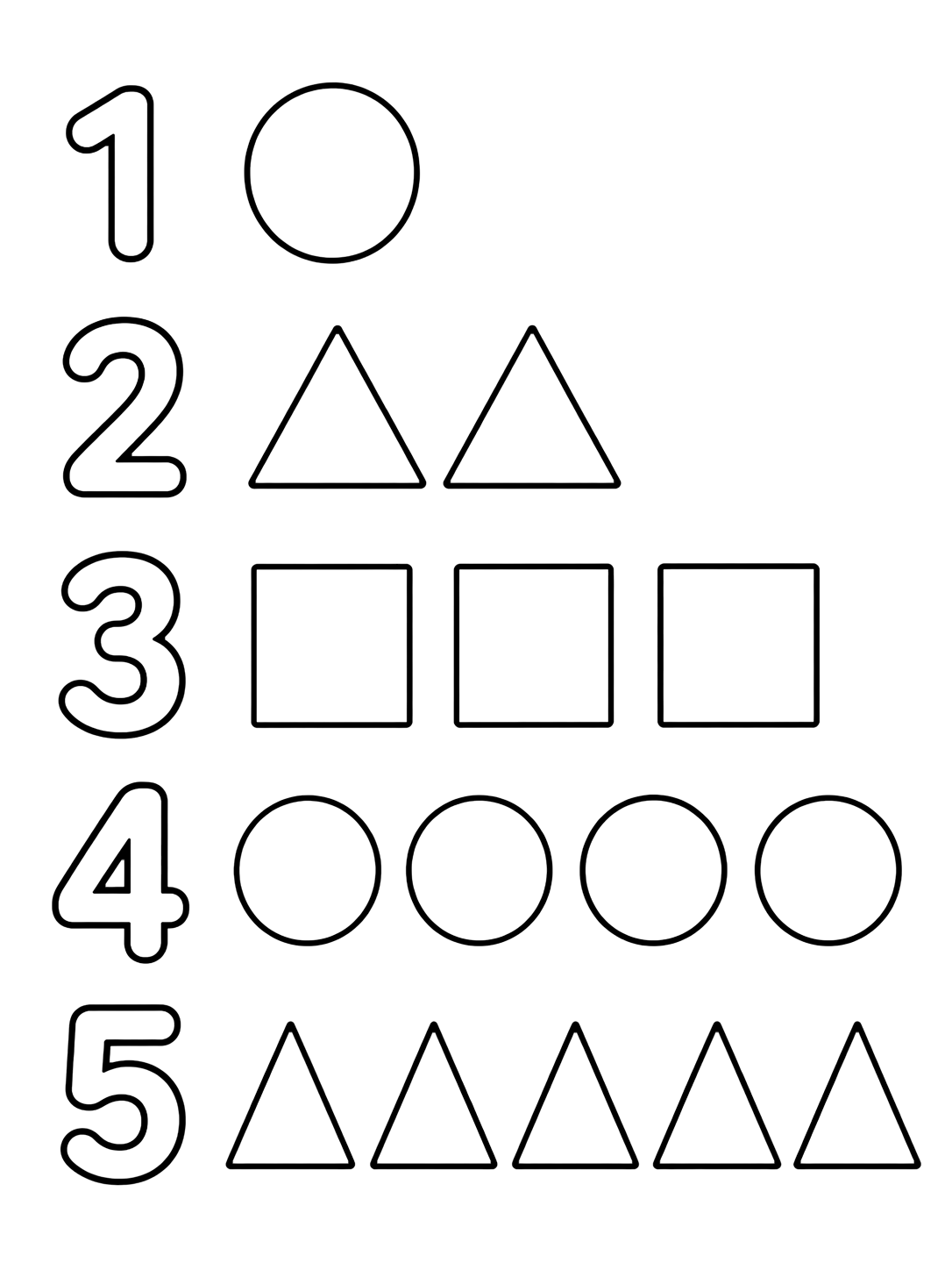 Dibujo para colorear con un patrón sencillo de círculos, triángulos y cuadrados grandes agrupados junto a los números del 1 al 5. Ideal para niños, actividades escolares, impresión y coloreado online.