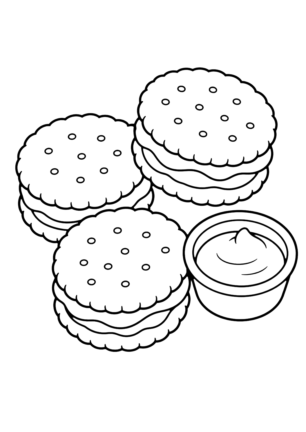 Disegno di snack da colorare con tre piccoli sandwich di cracker rotondi con semplici strati di ripieno, sistemati accanto a una coppetta di salsa. Adatto a bambini, stampa e colorazione online.