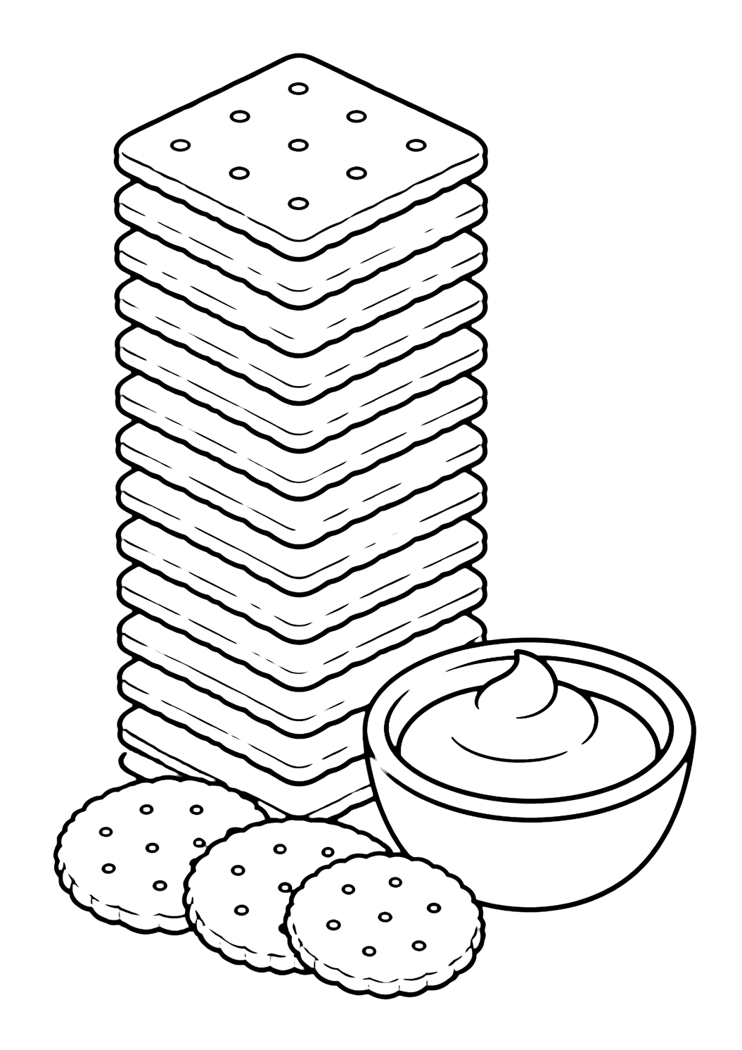 Disegno di snack da colorare con una torre alta e giocosa di cracker quadrati accanto a una piccola ciotola di salsa, con alcuni cracker rotondi alla base. Adatto a bambini, stampa e colorazione online.
