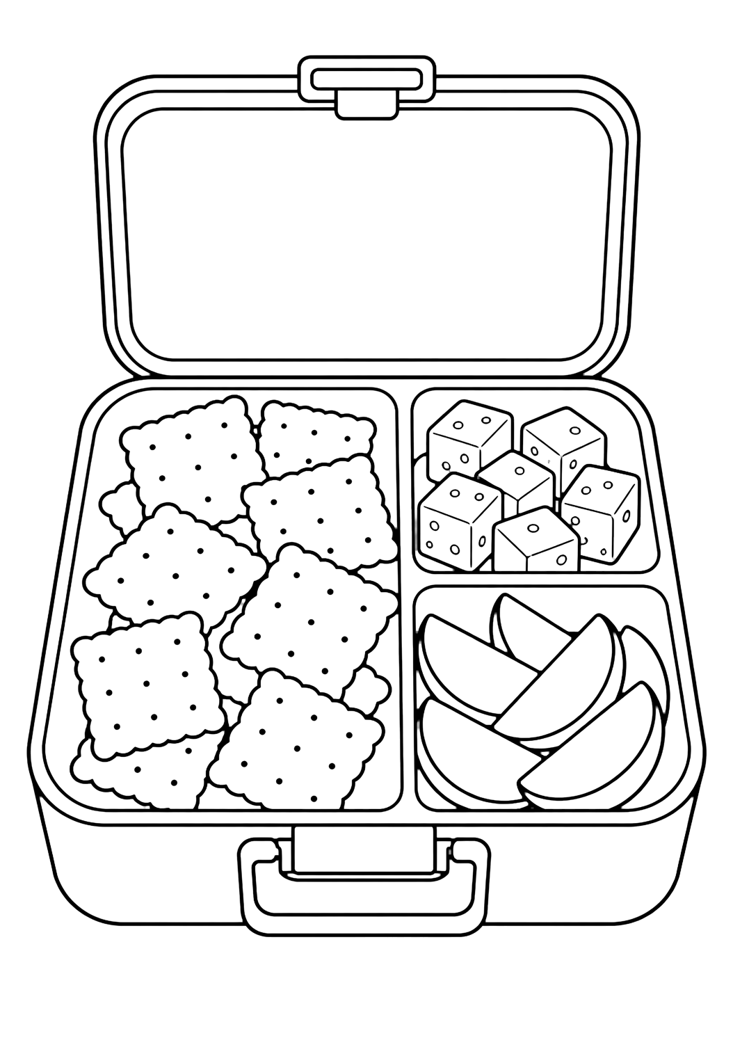 Disegno di snack da colorare con un lunch box aperto con un grande scomparto pieno di cracker quadrati, più semplici cubetti di formaggio e fette di mela. Adatto a bambini, stampa e colorazione online.