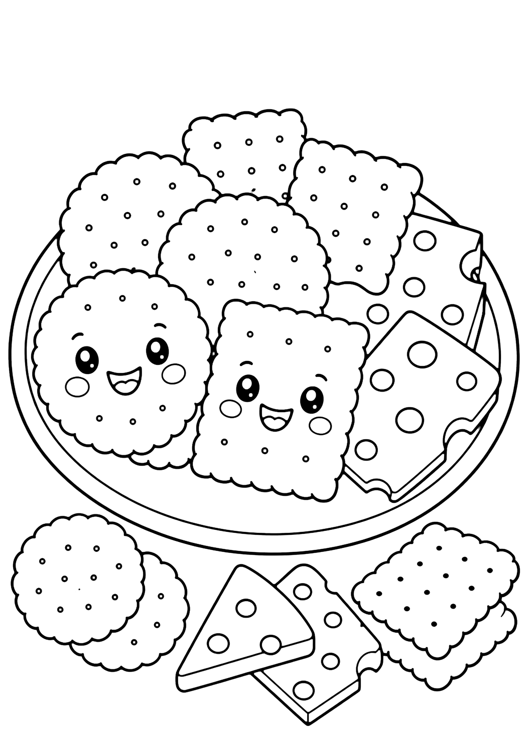 Snack-Ausmalbild mit runde und eckige Cracker mit kleinen Löchern, Käsescheiben, einen kleinen Snackteller und niedliche knusprige Gesichter. Geeignet für Kinder, Ausdrucke und Online-Ausmalen.