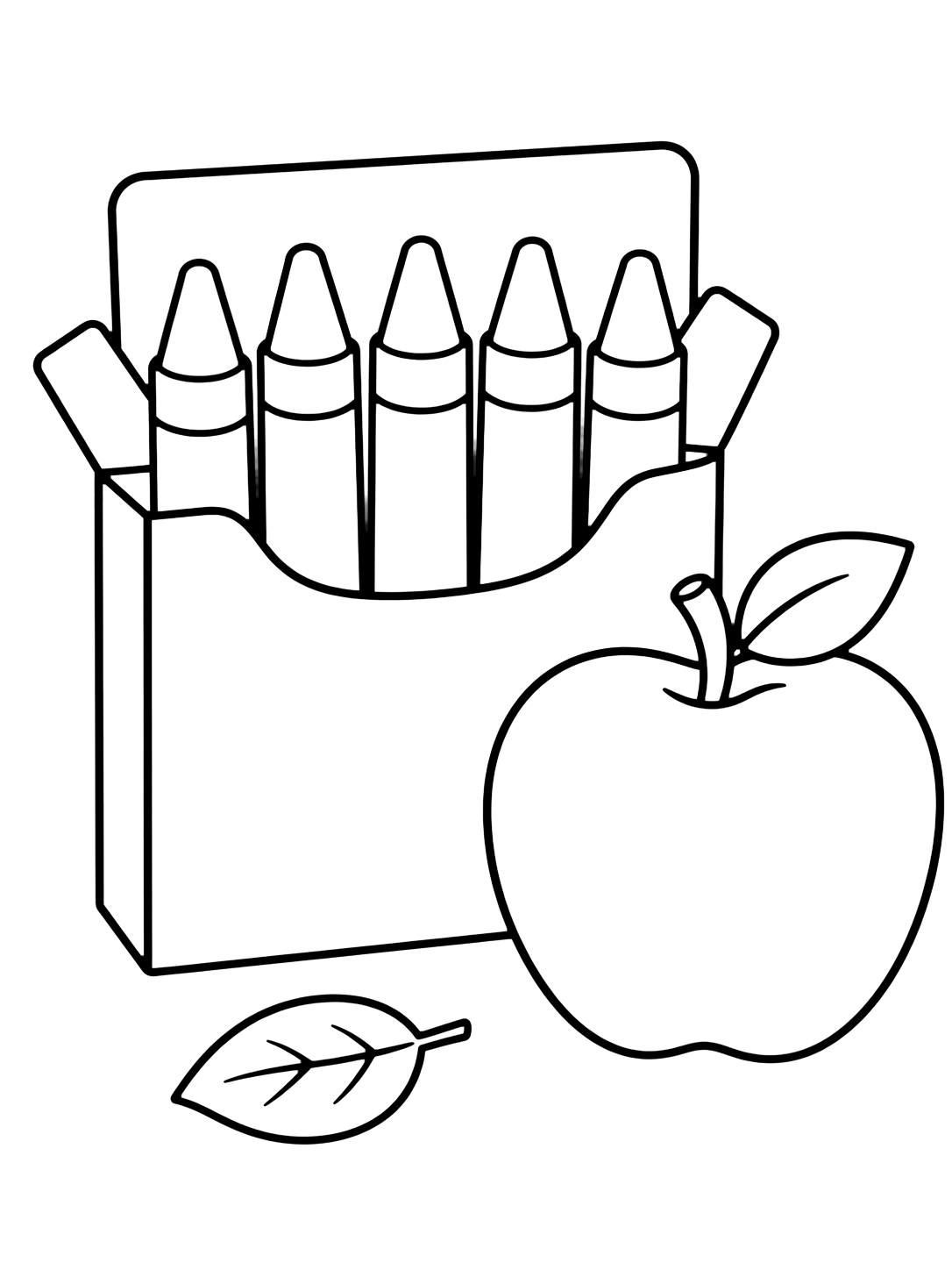 Dibujo para colorear con el motivo «caja de crayones y manzana» con crayones grandes, una caja en blanco y detalles creativos sencillos. Ideal para niños, actividades escolares, impresión y coloreado online.