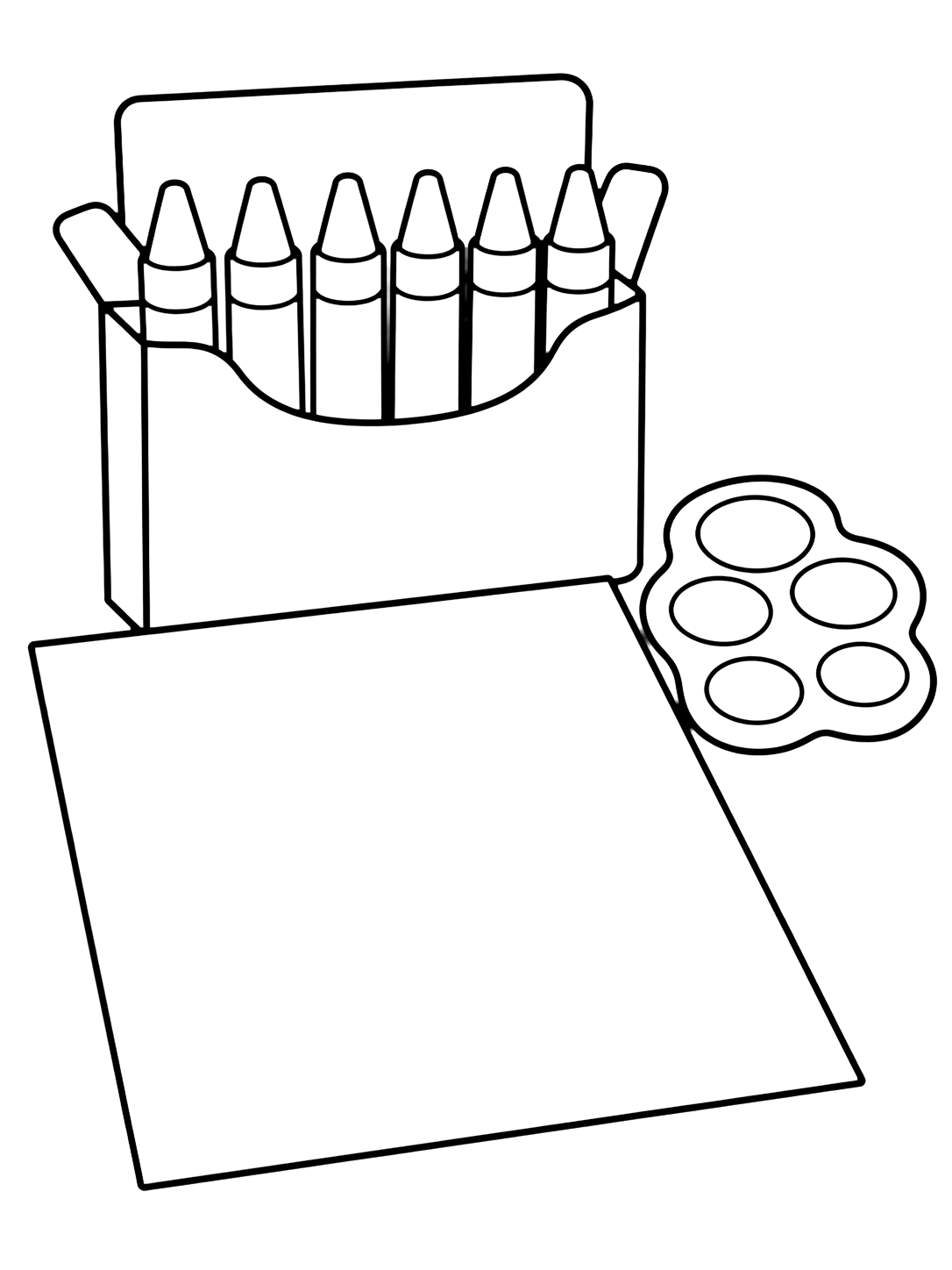 Dibujo para colorear con el motivo «caja de crayones y hoja en blanco» con crayones grandes, una caja en blanco y detalles creativos sencillos. Ideal para niños, actividades escolares, impresión y coloreado online.
