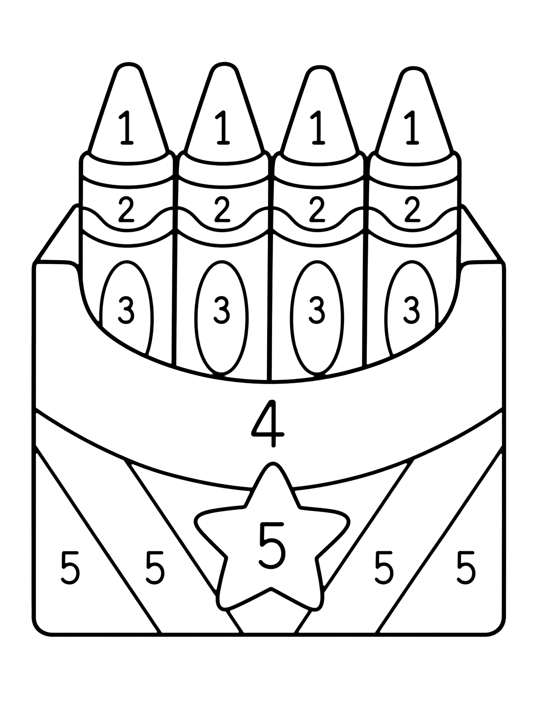 Disegno da colorare con una scatola semplice con quattro pastelli grandi, divisi in ampie zone numerate da 1 a 5. Adatto a bambini, scuola, stampa e colorazione online.