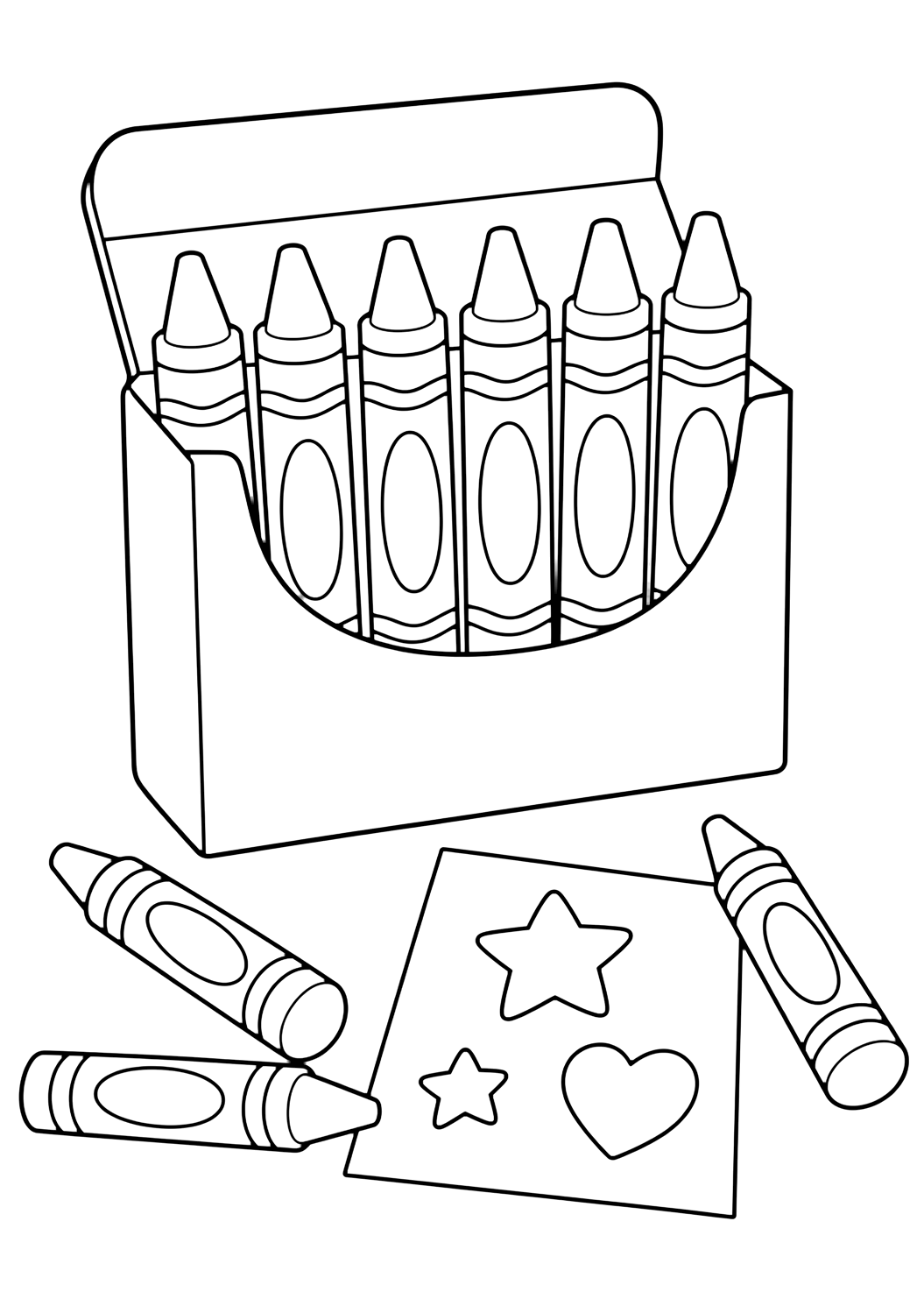 Ausmalbild mit eine offene Schachtel mit sechs großen Wachsmalstiften, einigen weiteren Stiften und einem leeren Bastelblatt mit Herz- und Sternformen. Geeignet für Kinder, Schulstart, Ausdrucke und Online-Ausmalen.