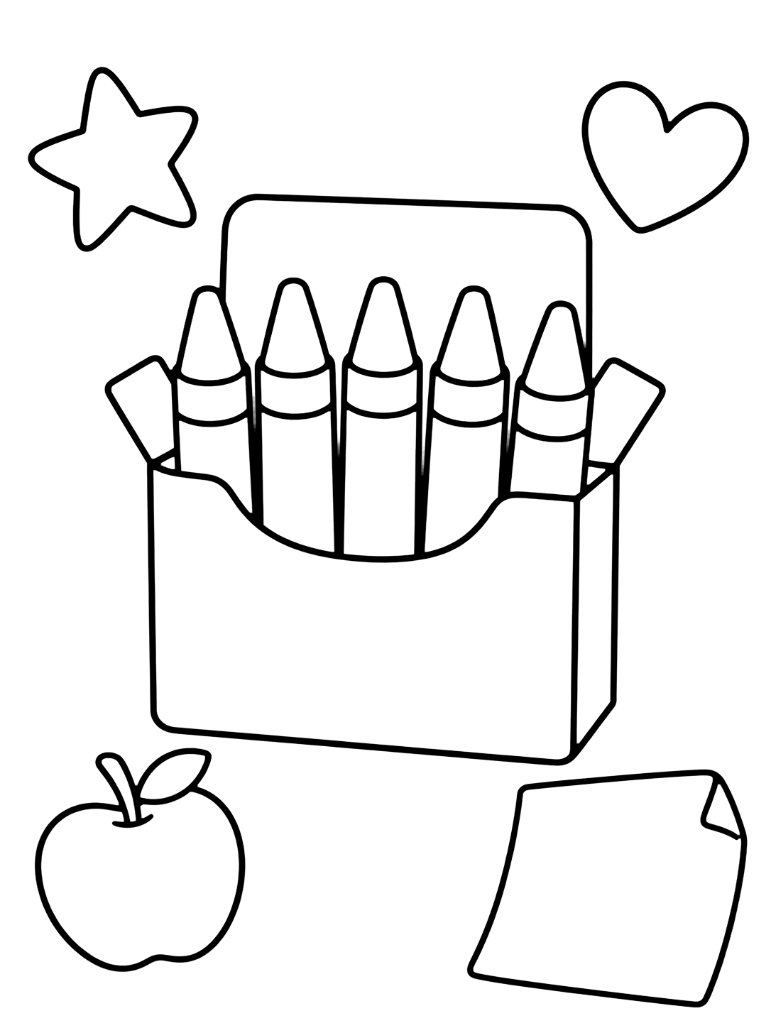 Dibujo para colorear con el motivo «caja de crayones doodle» con elementos doodle grandes, crayones y detalles escolares sencillos. Ideal para niños, actividades escolares, impresión y coloreado online.