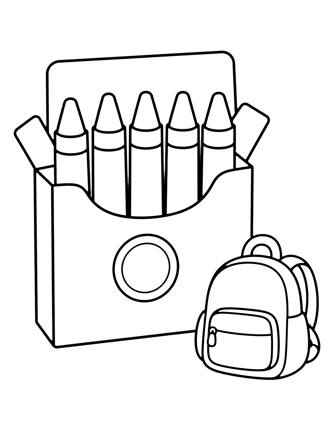 Dibujo para colorear con el motivo «caja de crayones y mochila» con crayones grandes, una caja en blanco y detalles creativos sencillos. Ideal para niños, actividades escolares, impresión y coloreado online.