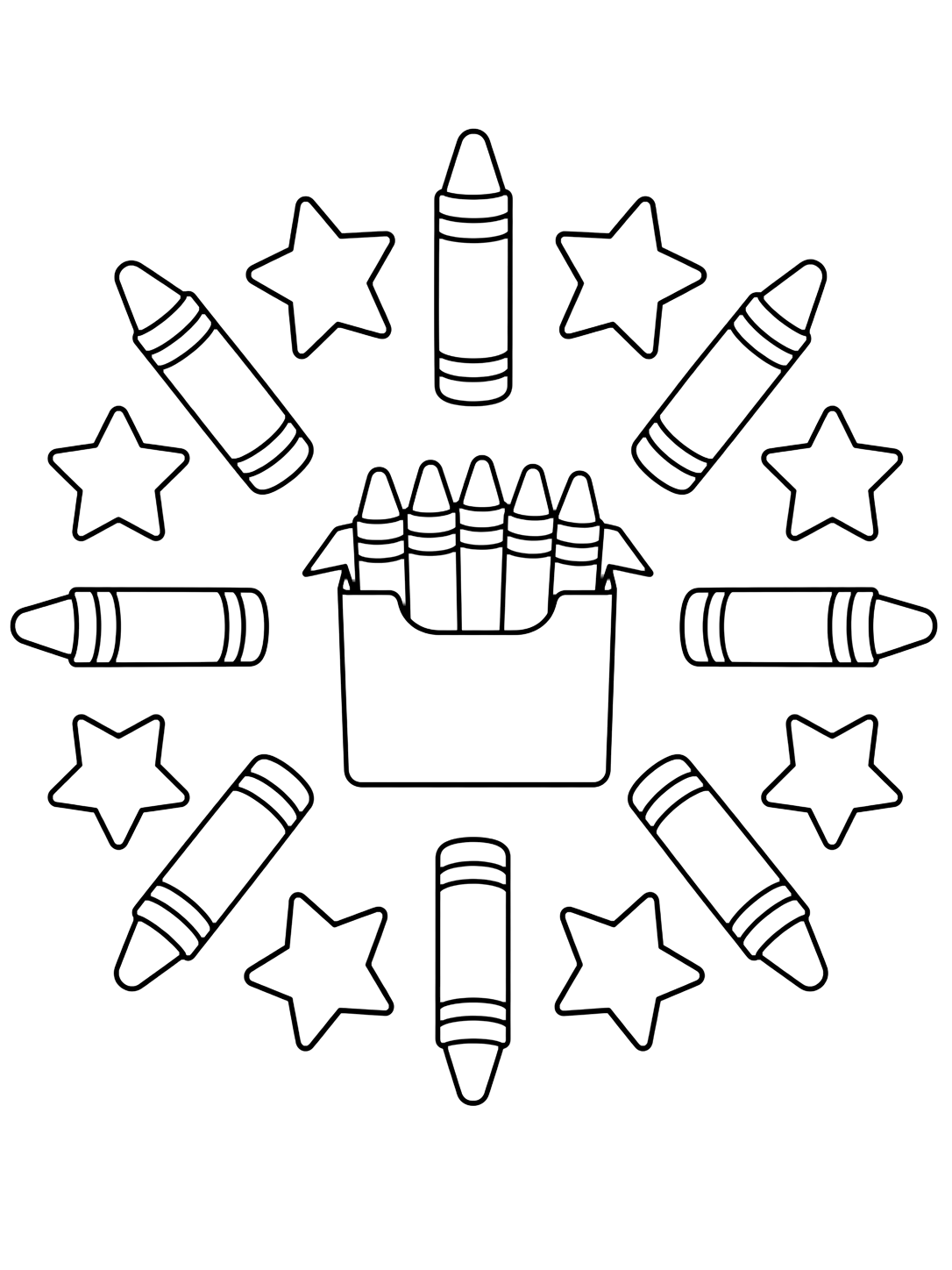 crayons and stars mandala coloring page with one small open crayon box in the center with chunky blank crayons, surrounded by alternating large single crayons and stars for kids