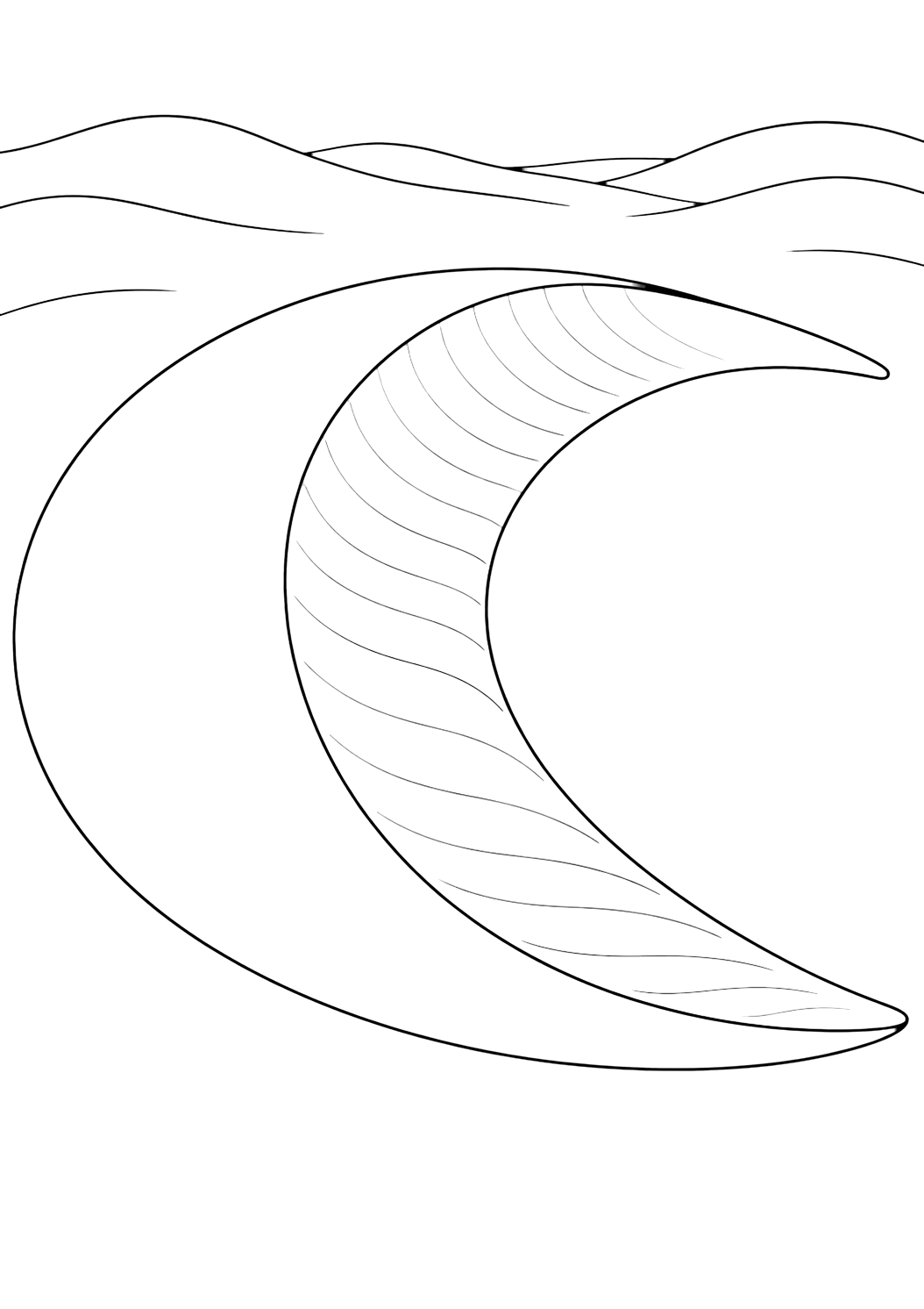 crescent sand dune coloring page with a crescent-shaped barchan sand dune with smooth sweeping horns, broad simple dune slopes, gentle wind lines in the sand, a few rounded stones at the base, distant low dunes, and a wide open sky for kids