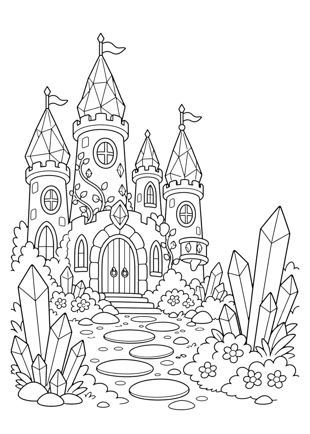 Disegno di castello incantato nel giardino di cristalli da colorare con un castello incantato dietro un giardino di cristalli, con quattro torri appuntite di altezze diverse, tetti a forma di cristallo, ampia porta ad arco, grandi finestre arrotondate, grandi cristalli semplici in primo piano, aiuole tonde, pietre lisce e un tralcio curvo. Adatto a bambini, stampa, download e colorazione online.
