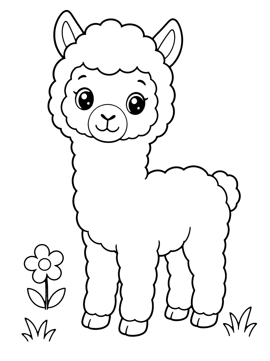 Dibujo de animal bebé para colorear con una cría de alpaca de pie, con cabeza redondeada y esponjosa, orejas pequeñas, cuello largo y suave, cuerpo lanoso sencillo, pezuñas pequeñas, sonrisa dulce, una flor y dos matas de hierba. Ideal para niños, impresión y coloreado online.
