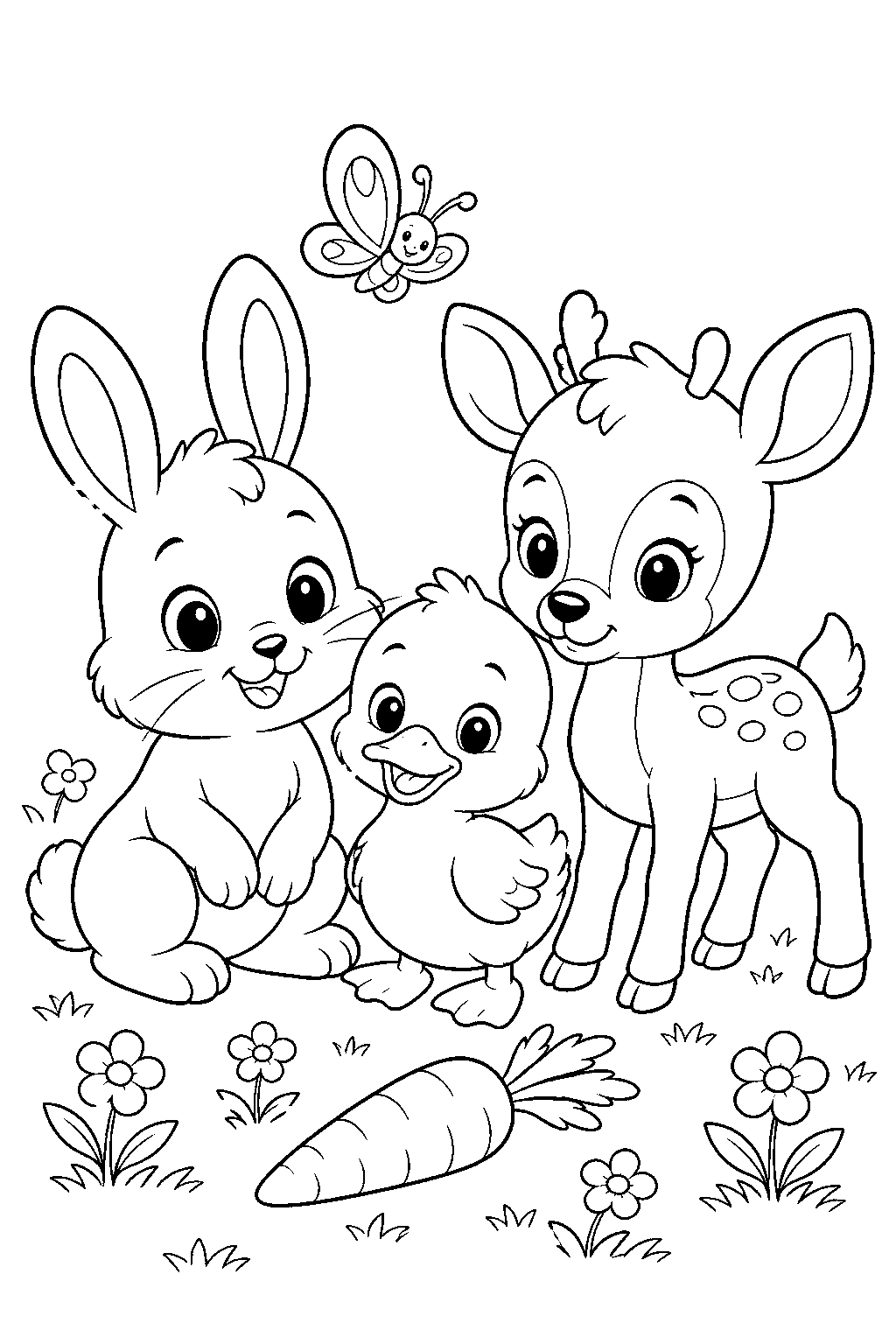 Conejito patito y cervatillo adorables para colorear