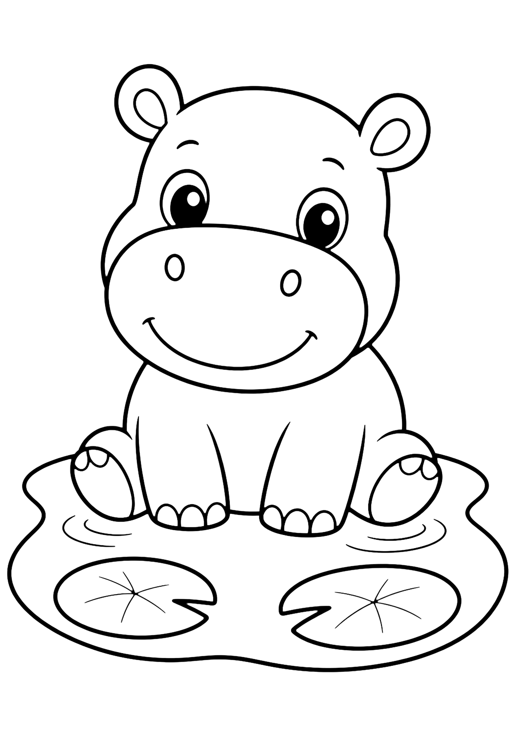 coloriage bébé hippopotame mignon dans un étang, illustration au trait d’animal de zoo pour enfants