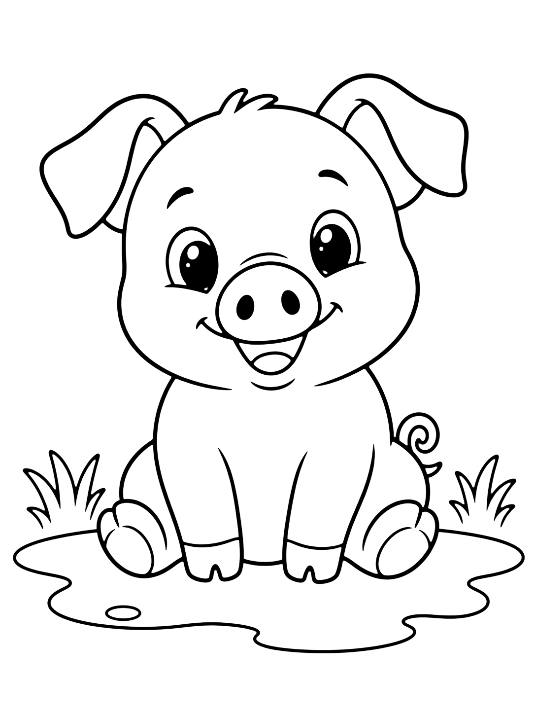 Süßes Babytiere-Ausmalbild mit ein sitzendes Ferkel mit runder Schnauze, hängenden Ohren, kleinen Hufen, sichtbarem Ringelschwanz, rundem Bauch, fröhlichem Gesicht, kleiner Matschpfütze und zwei Grasbüscheln. Geeignet für Kinder, Ausdrucke und Online-Ausmalen.