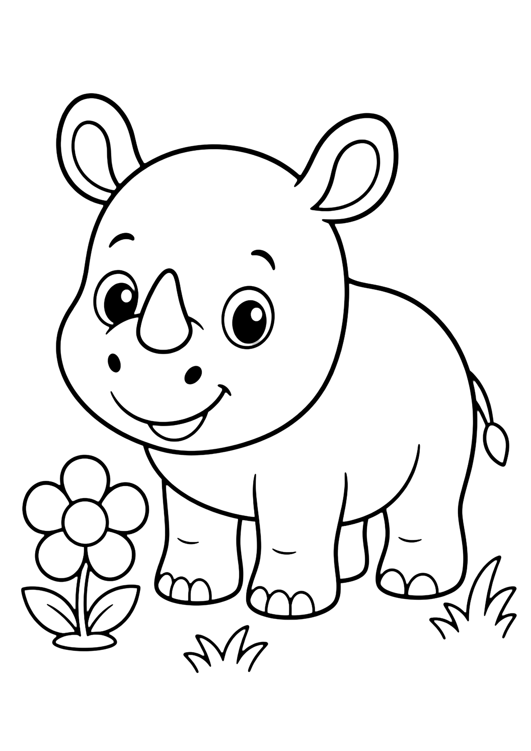 disegno da colorare di un tenero cucciolo di rinoceronte con un fiore, illustrazione a linee di animali dello zoo per bambini