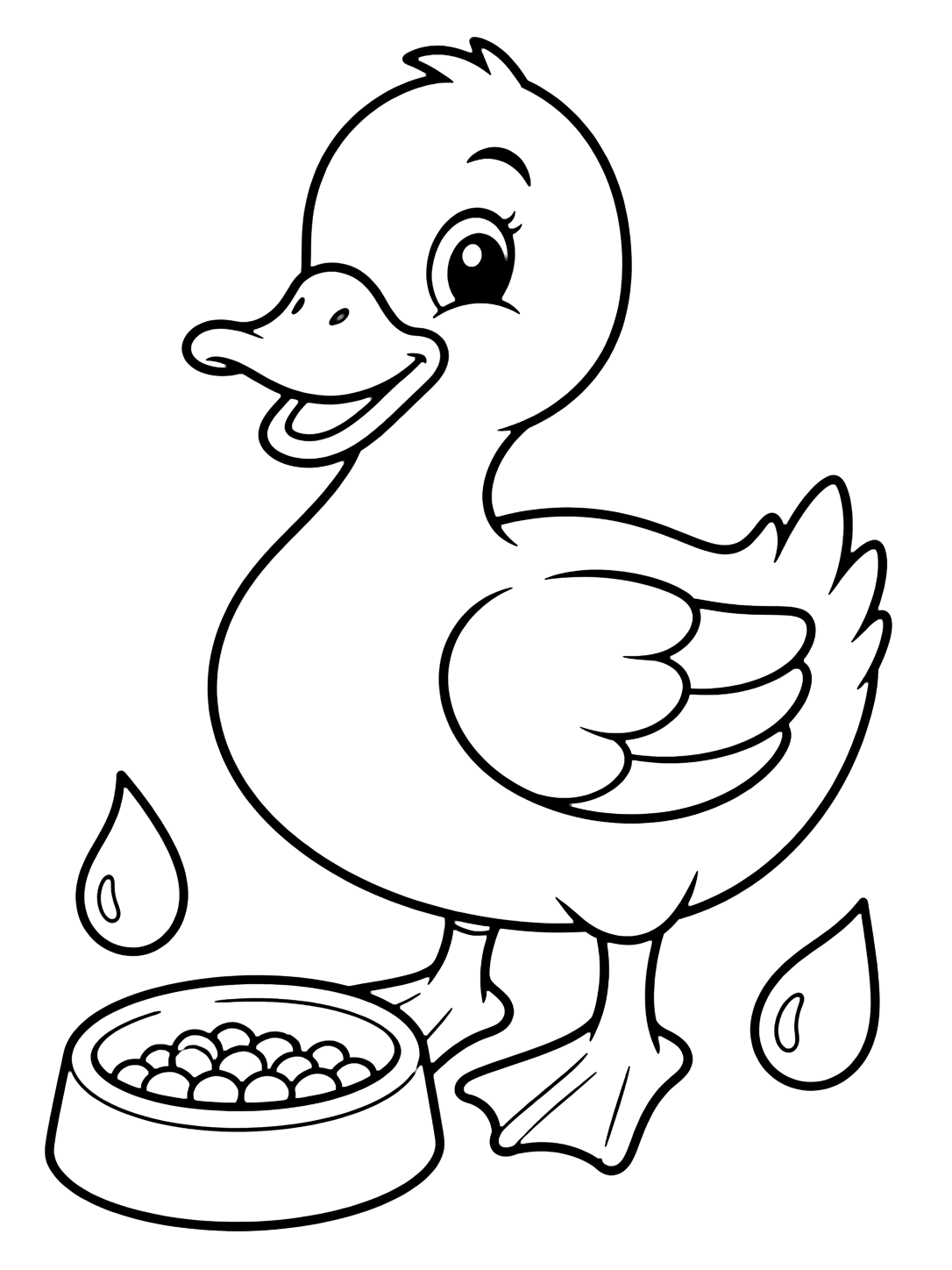 niedliche Bauernhof-Ente mit Futternapf, Malvorlage mit einfacher Linienzeichnung für Kinder