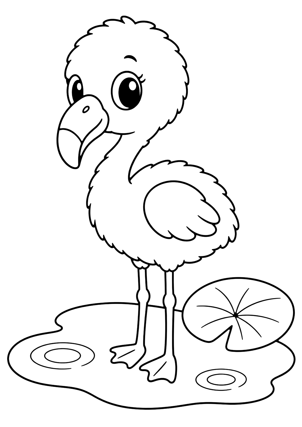 cute flamingo chick by a pond coloring page with cute zoo animal line art for kids