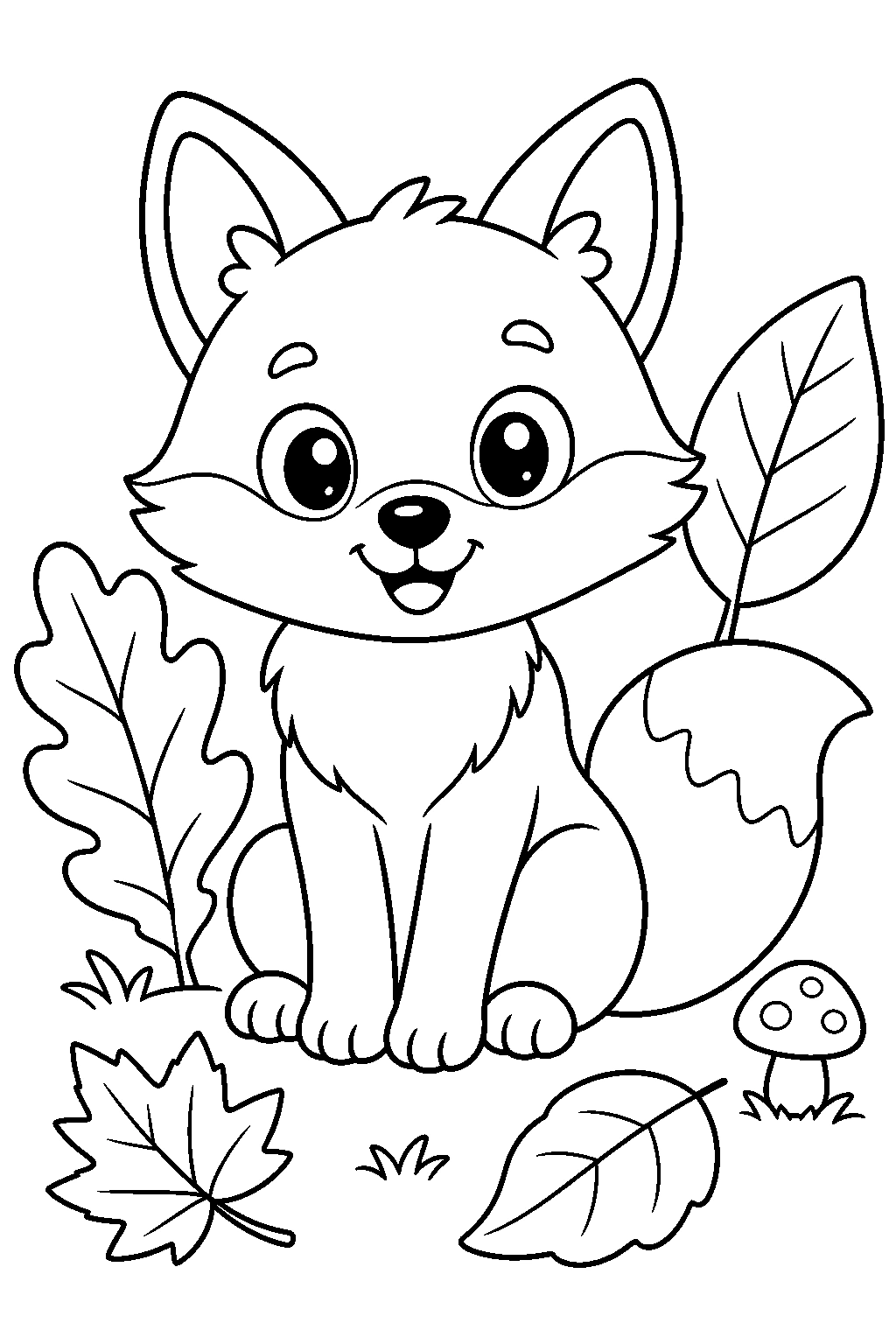 Coloriage renard mignon avec feuilles