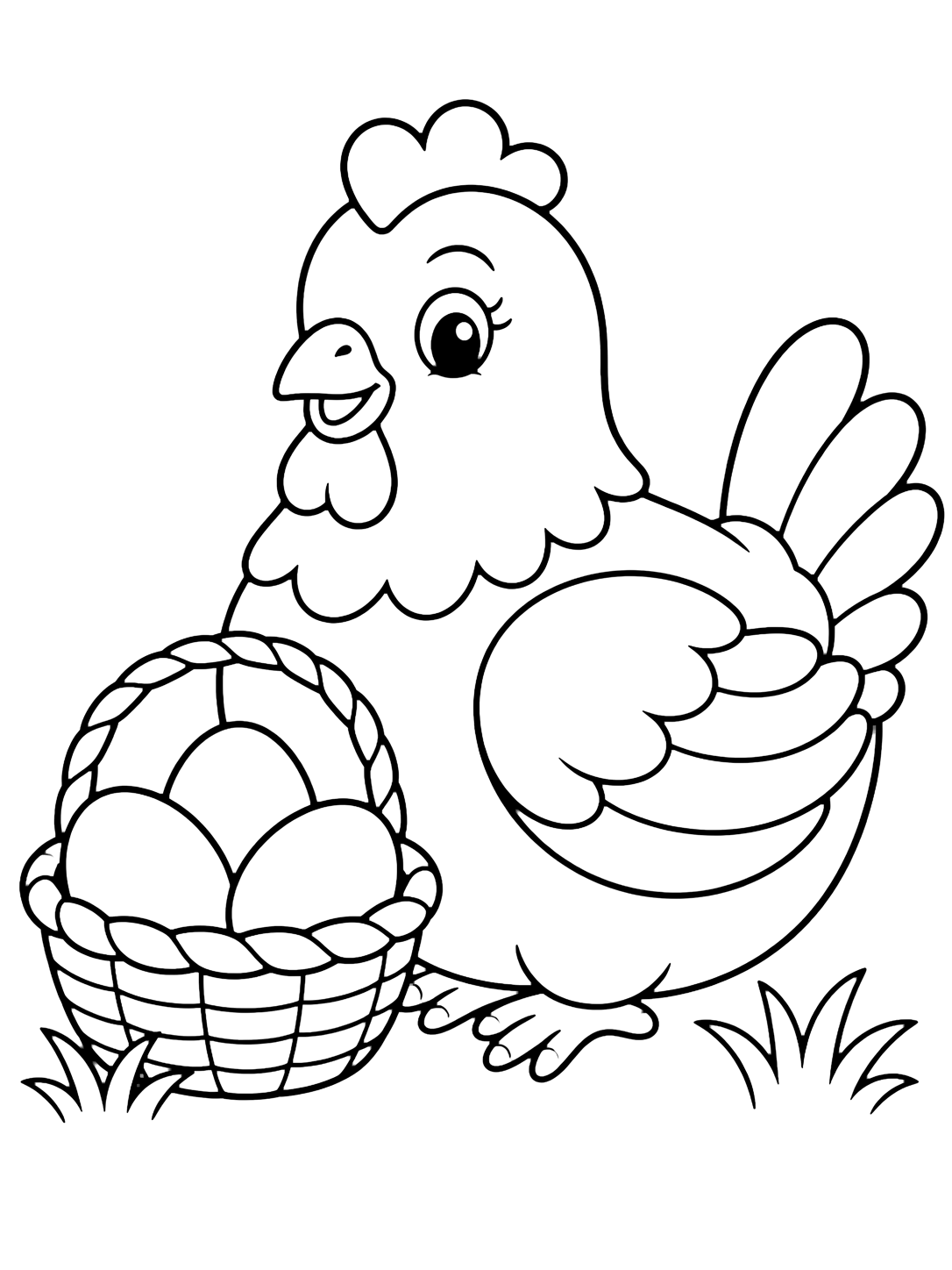 Gallina tenera con cesto di uova da colorare