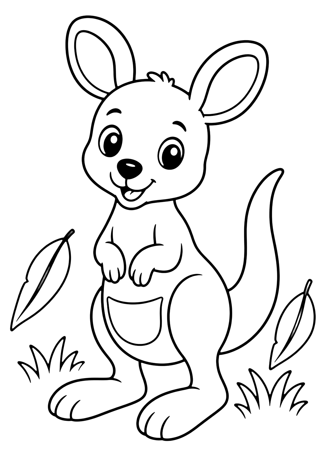 disegno da colorare con cucciolo di canguro carino e foglie, line art di animale dello zoo per bambini