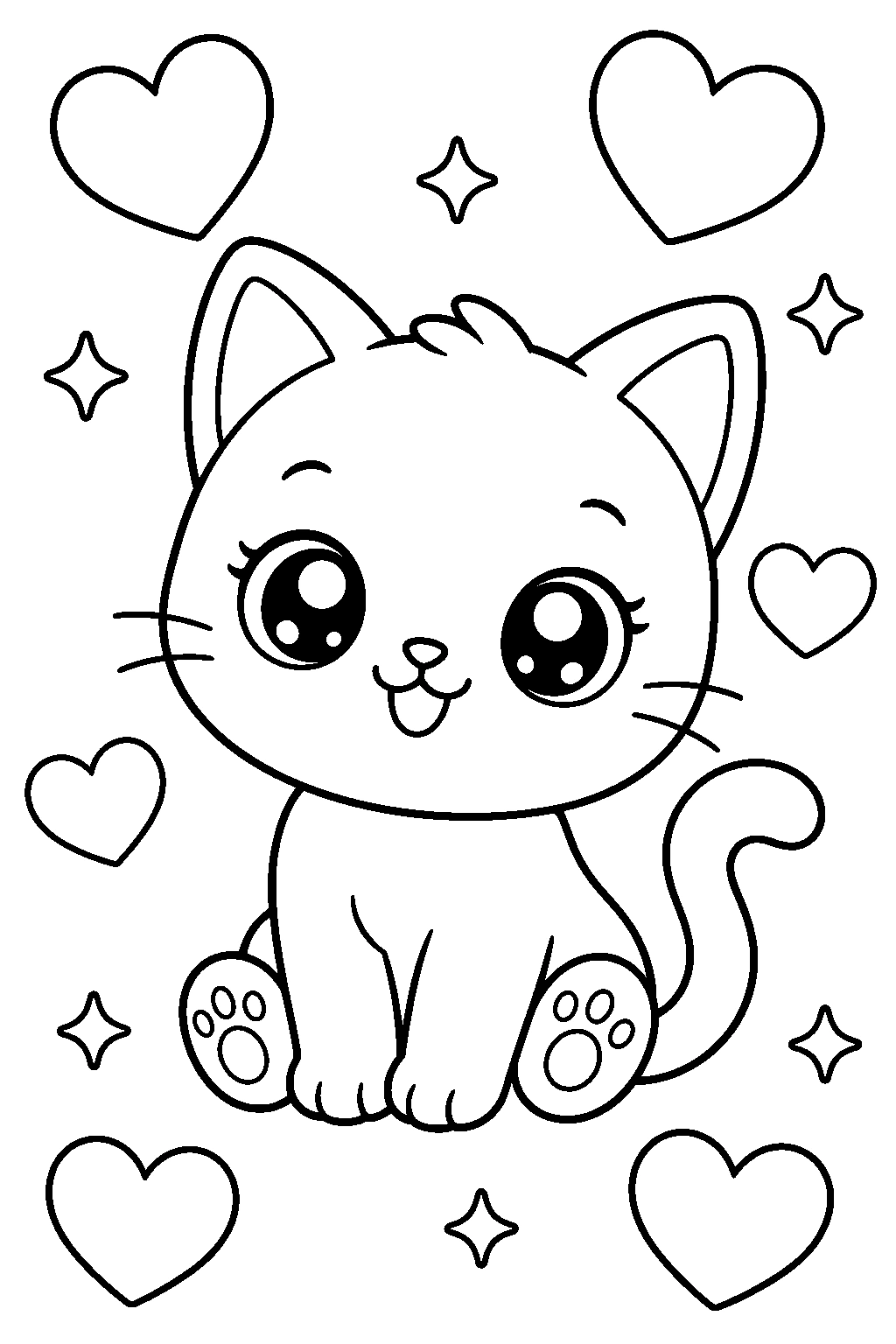 Coloriage chaton kawaii mignon avec cœurs