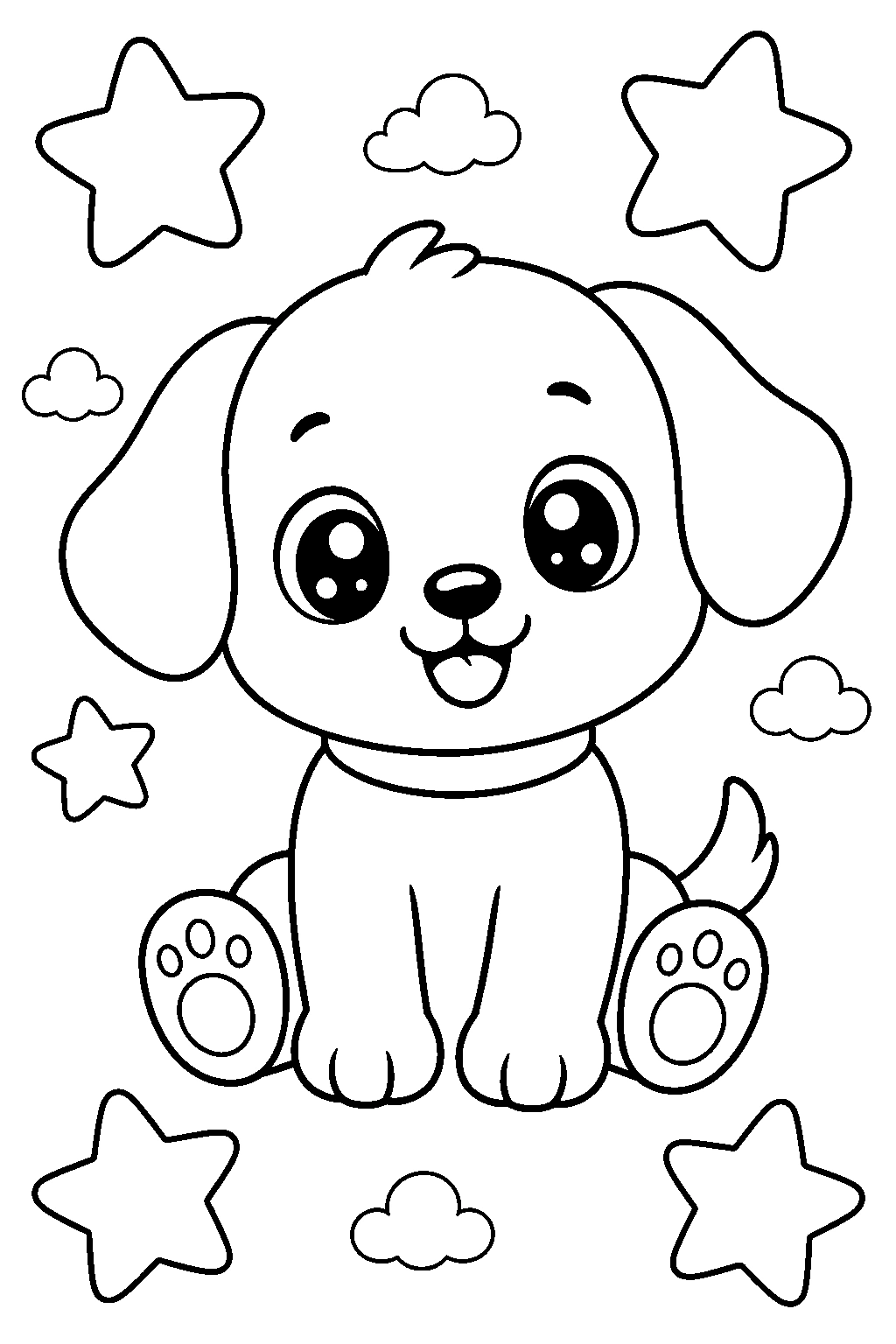 Yıldızlı sevimli kawaii köpek yavrusu boyama sayfası