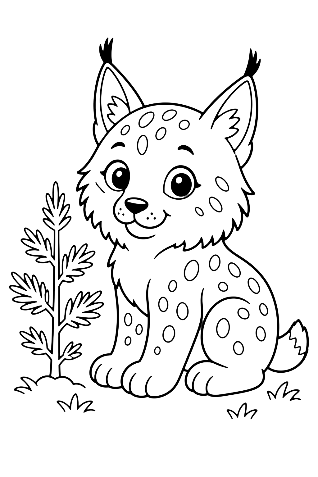 Coloriage bébé lynx mignon près d'un pin