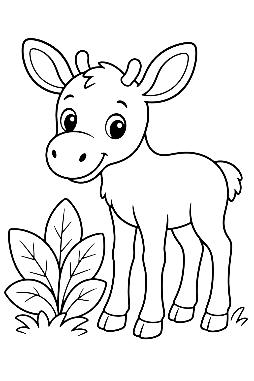 Coloriage jeune élan mignon avec feuilles