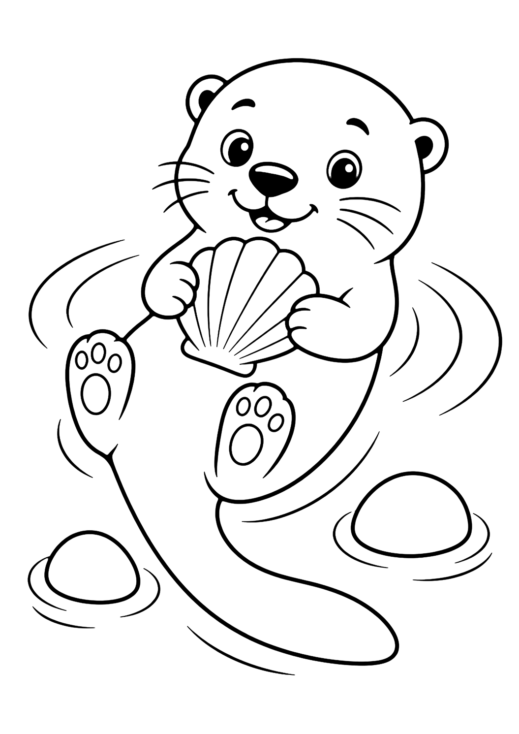 disegno da colorare di lontra carina con conchiglia, disegno a linee di animale dello zoo per bambini