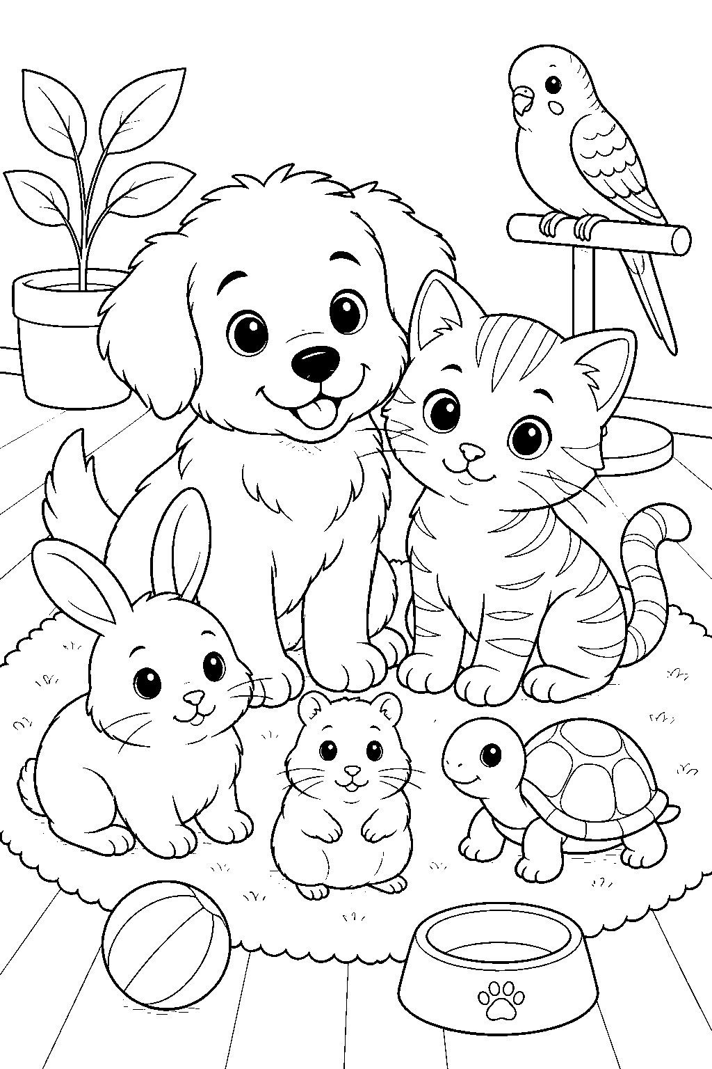 Coloriage animaux de compagnie mignons qui jouent