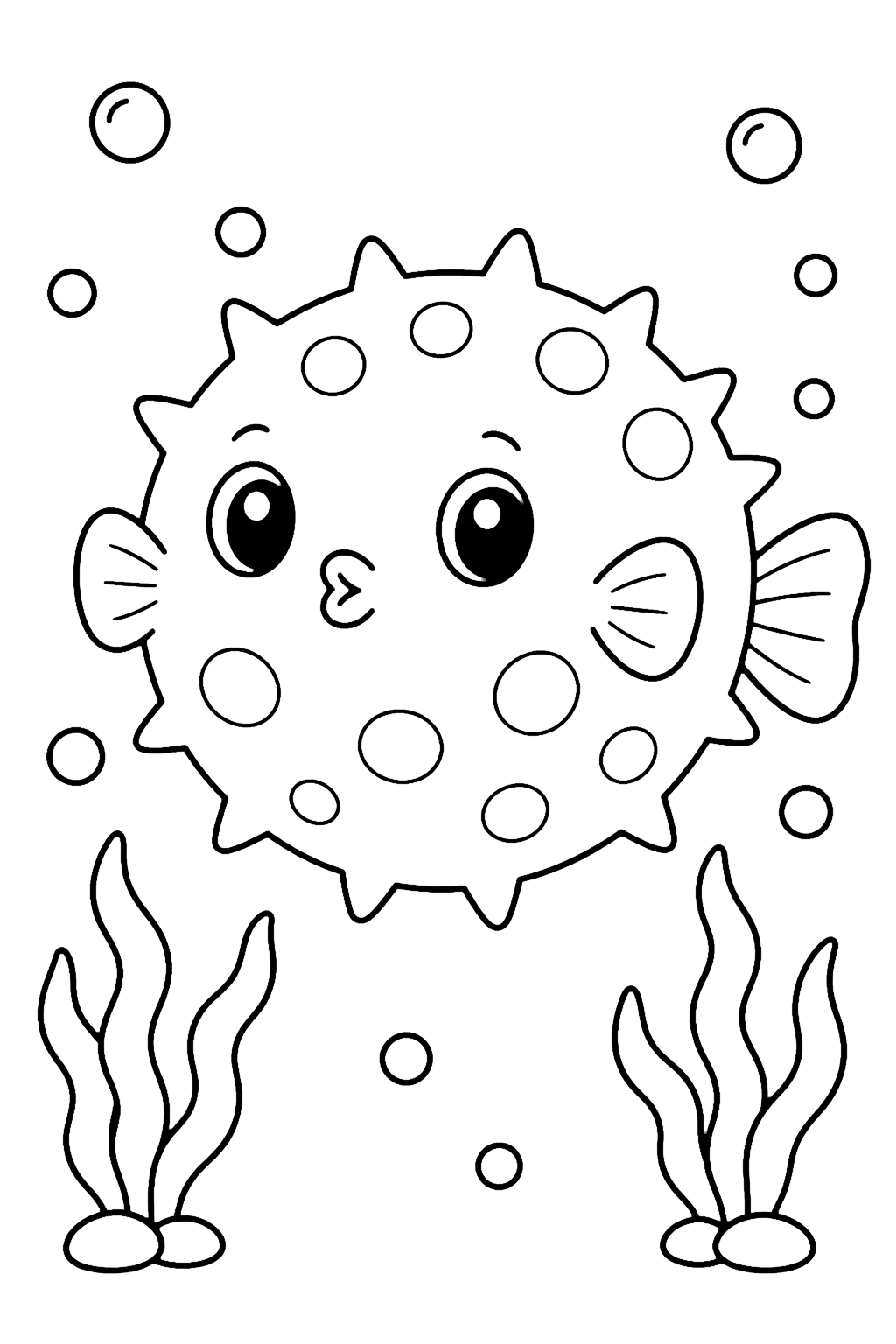 page de coloriage poisson-globe mignon avec algues, dessin au trait d’animaux marins mignons pour enfants