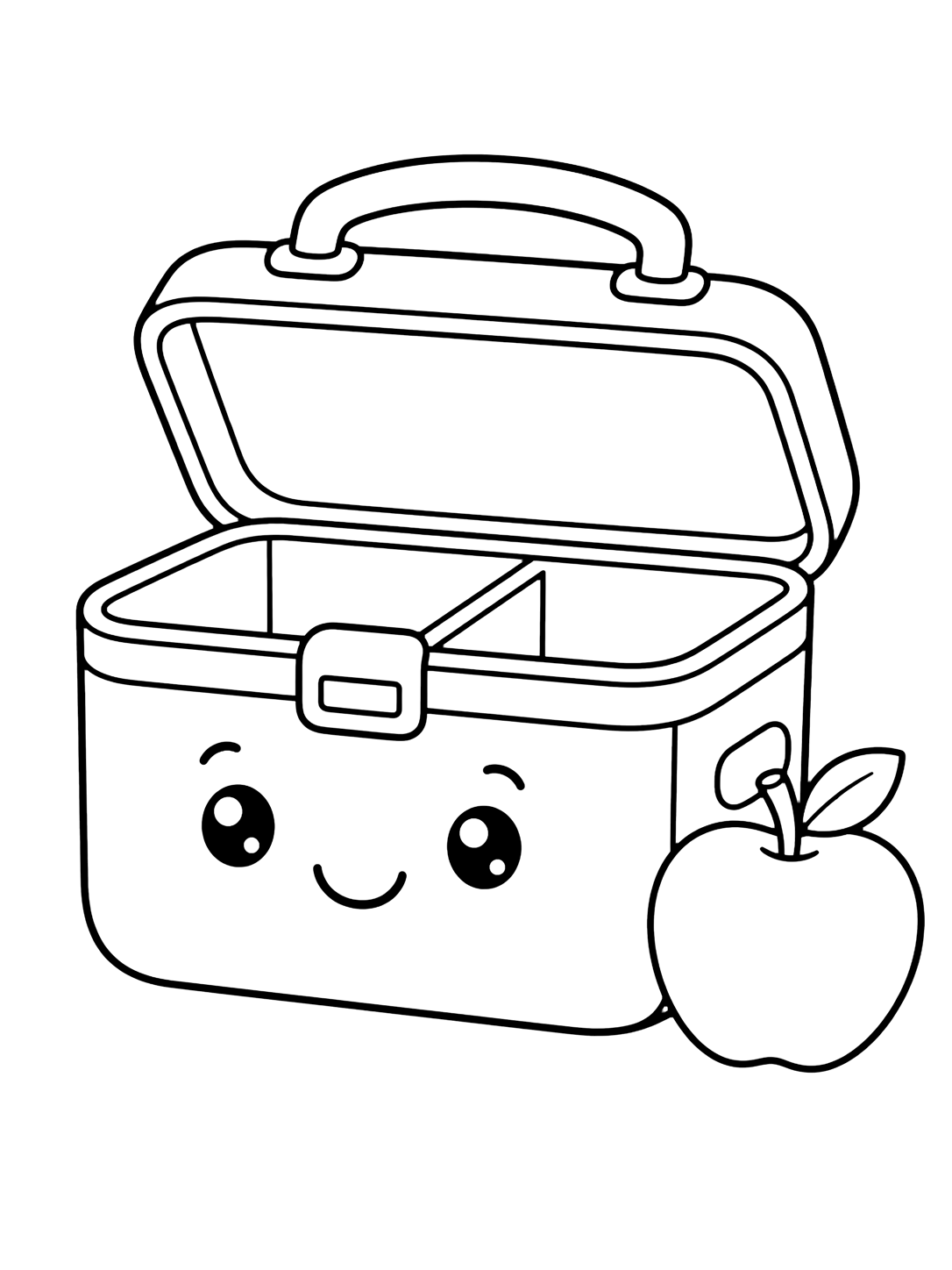 Coloriage avec le motif « boîte repas souriante » avec une grande boîte repas, de larges formes et beaucoup d'espace. Idéal pour enfants, rentrée scolaire, impression et coloriage en ligne.
