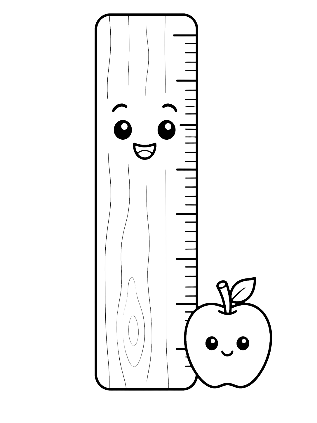 Coloriage avec le motif « règle souriante » avec une grande règle scolaire, des formes simples et beaucoup d'espace. Idéal pour enfants, rentrée scolaire, impression et coloriage en ligne.